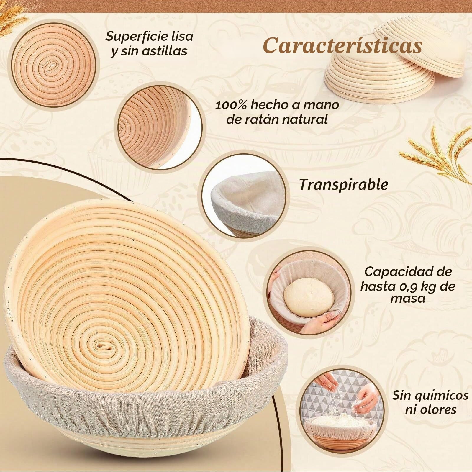 Juego de 6 cestas de fermentación para pan, redondas | Mini Banneton - Cestas de fermentación hechas a mano, de ratán, artesanos, para hacer pan de masa madre
