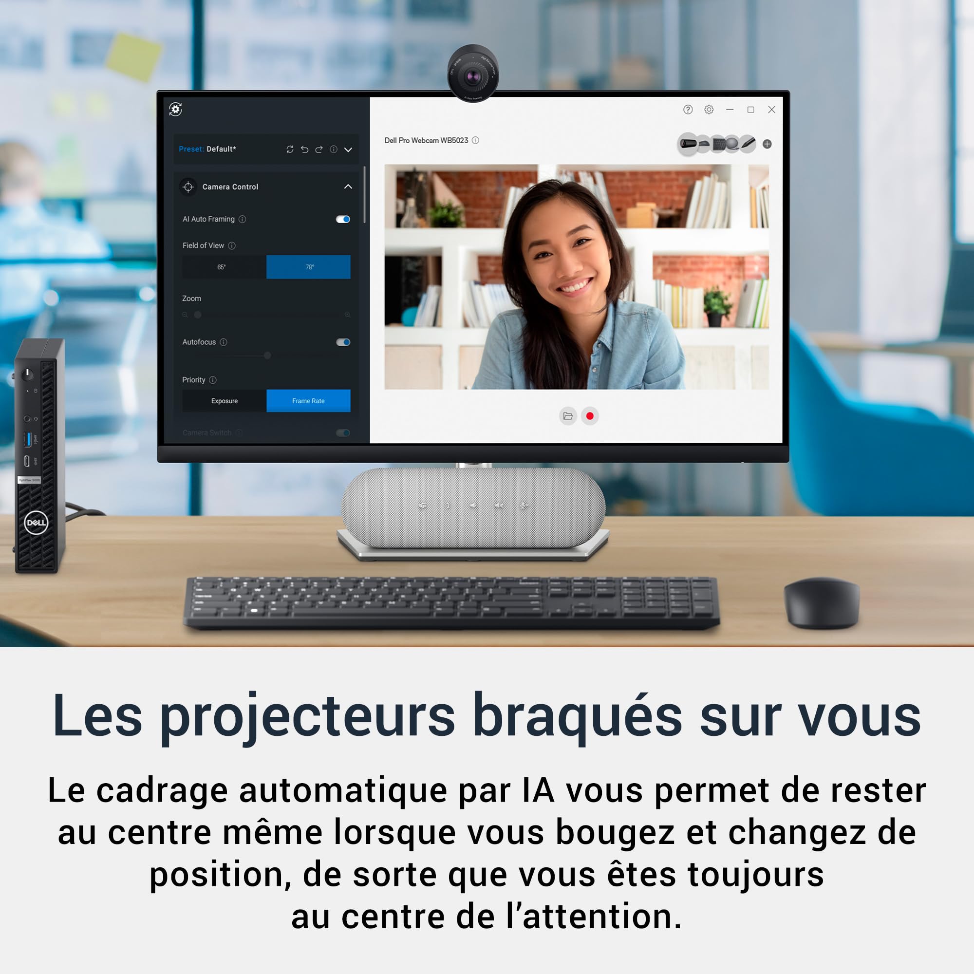 Dell Pro Webcam WB5023 – 2K QHD Capteur Sony STARVIS, Cadrage Automatique IA, HDR, Réduction de Bruit 3D & 2D, Micro Réduction de Bruit Intégré, Cache de Confidentialité Magnétique – Noir