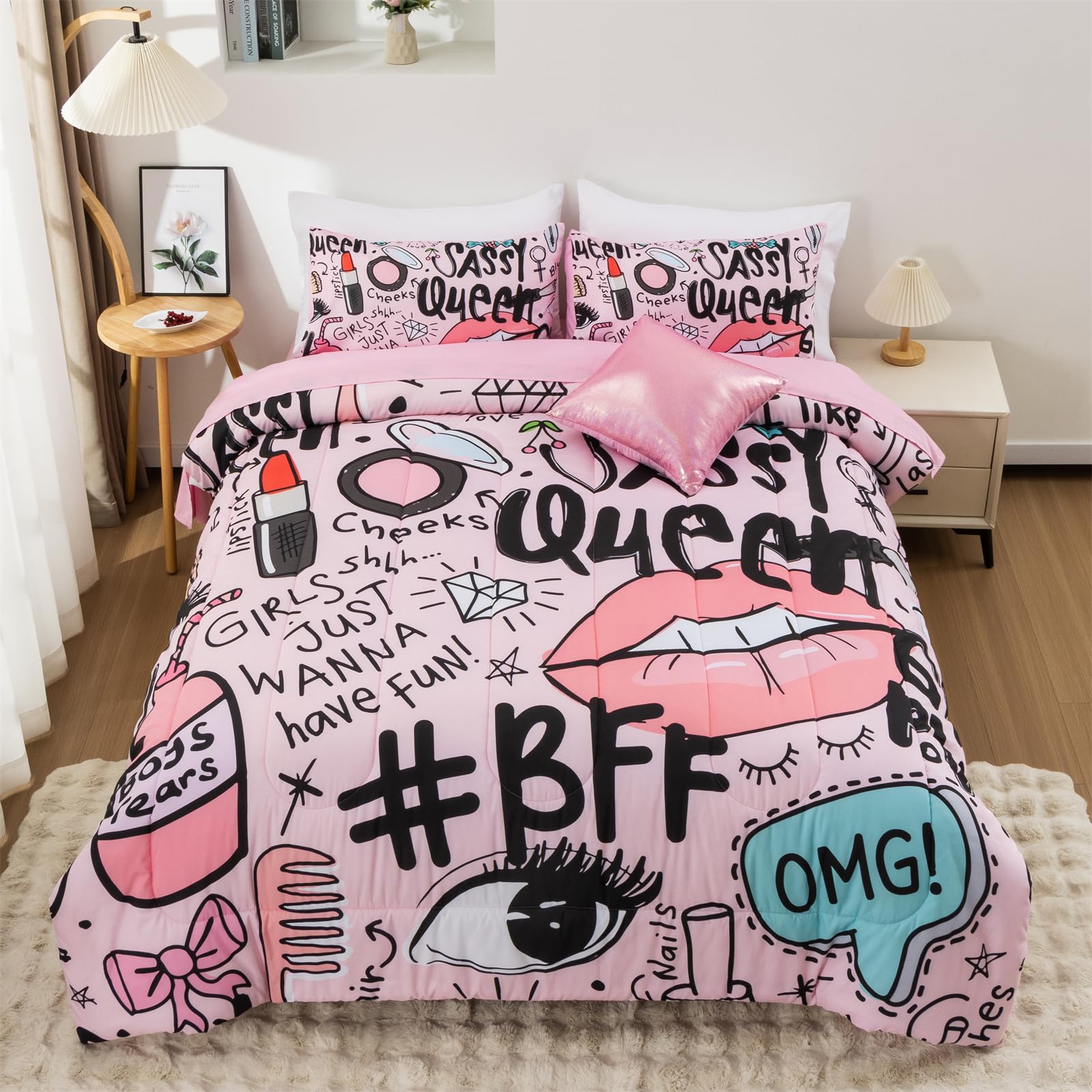 Aimuan Pink Comforter Set Cartoon Love Hearts Flowers and Grass Bedding Set for Girls Boys Kids Lightweight Soft 6 Piece with 2 Pillow Covers (Light