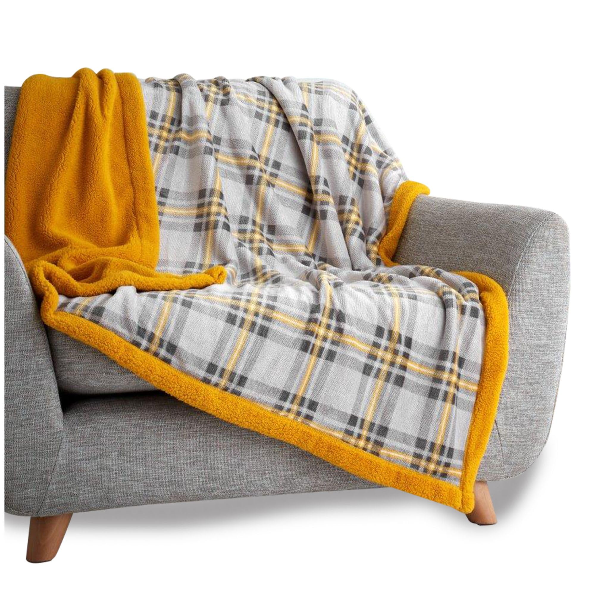 VELVETIO Tartan Check Throw for Sofa Bed 200 x 240cm, Thermal Warm Large Teddy Fleece Couch Blanket, Ultra Soft Lightweight Fluffy Armchair Throws, Grey/Ochre