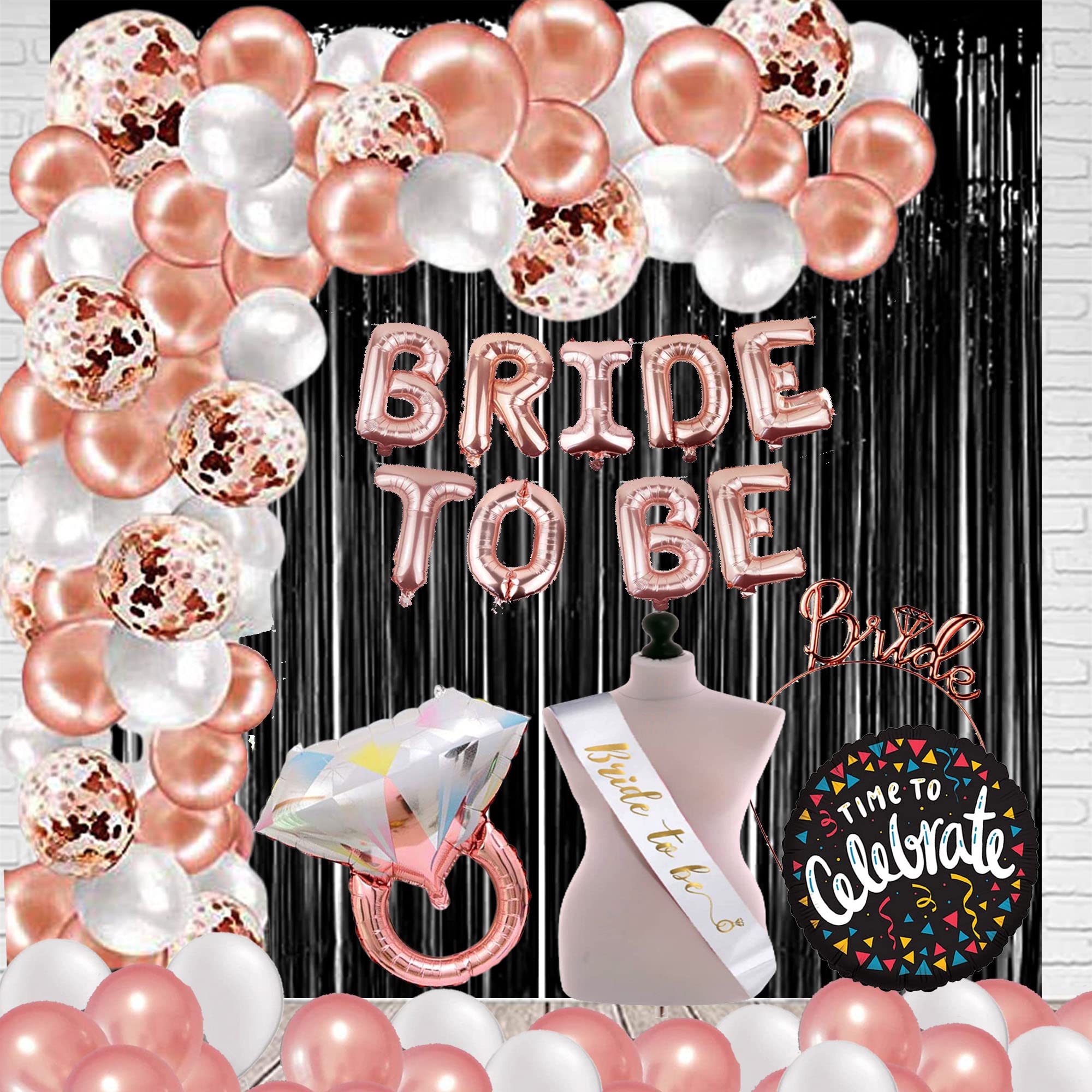 Realistic Store Bride To Be Decoration Set with HD Metallic Balloons, Curtain & Bride Hair Band with Sash Combo Set Bridal Shower For Bachelorette Party Decoration Kit (Pack of 50) (Rose Gold)