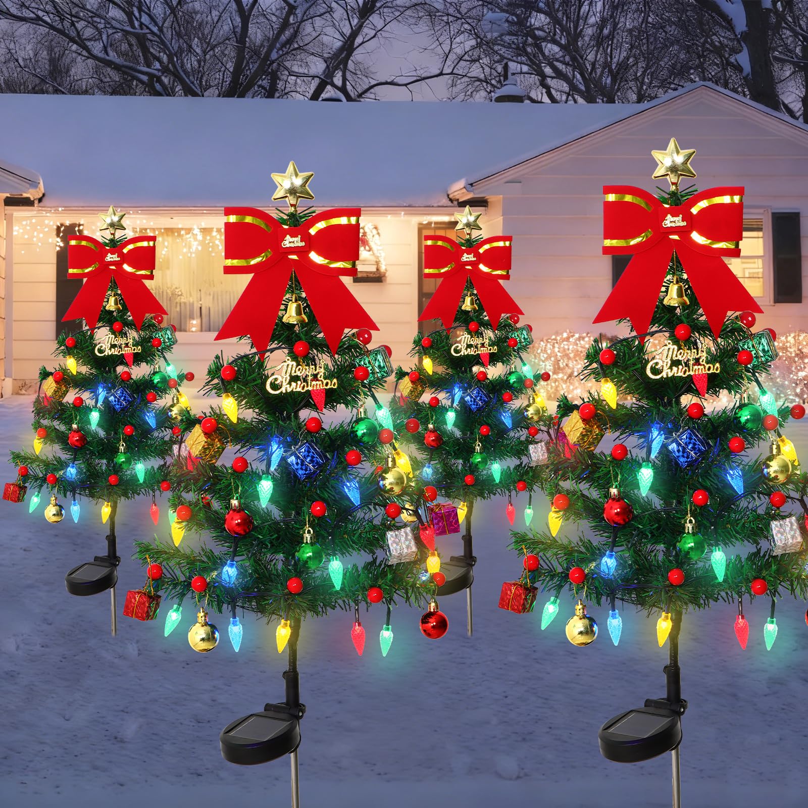 Dremisland 4 Piezas Mini Árbol de Navidad Artificial 85cm Arbol de Navidad con 80 Luces Led Caja de Regalo Adorno navideño Decoración de Navidad con Solar para Casa Oficina Patio Césped Caminos