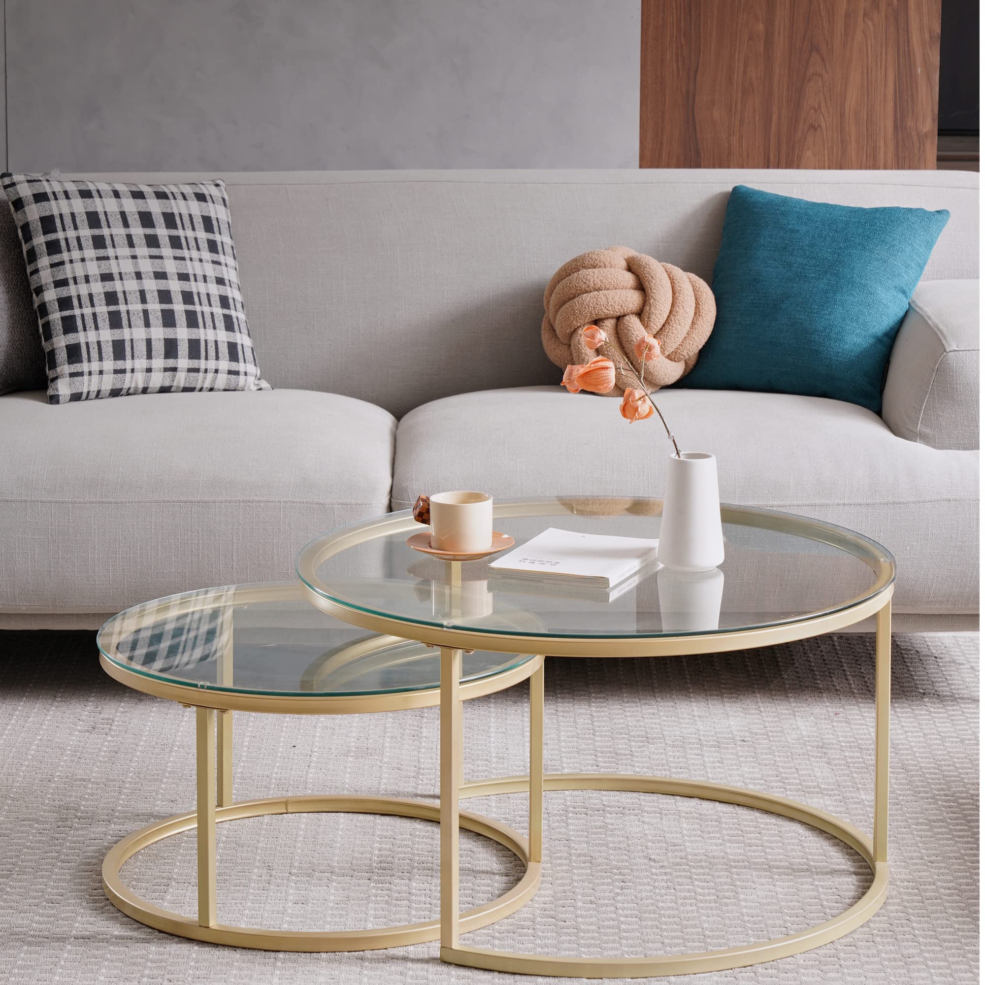 Conjunto de 2 Mesas de Centro Redondas, Mesas de Centro, Grande: 60 x 60 x 45 cm; Pequeña: 40 x 40 x 35 cm, Mesa Auxiliar Redonda, Tapa de Mesa de Vidrio Templado, Dorado Y Vidrio