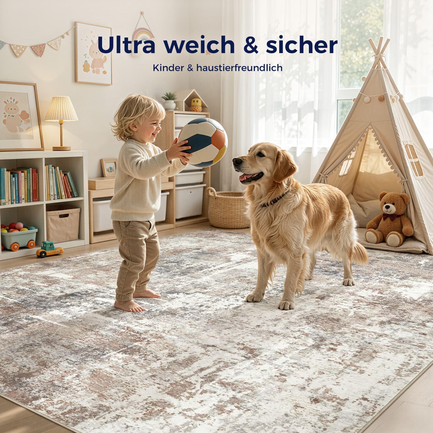 DMOYEST Teppich Wohnzimmer 160x230cm Abstrakt Grau Braun Modern Waschbar | Rutschfest und Weich, Kurzflor für Schlafzimmer Kinderzimmer Büro, Haustierfreundlich, Saugrobotergeeignet