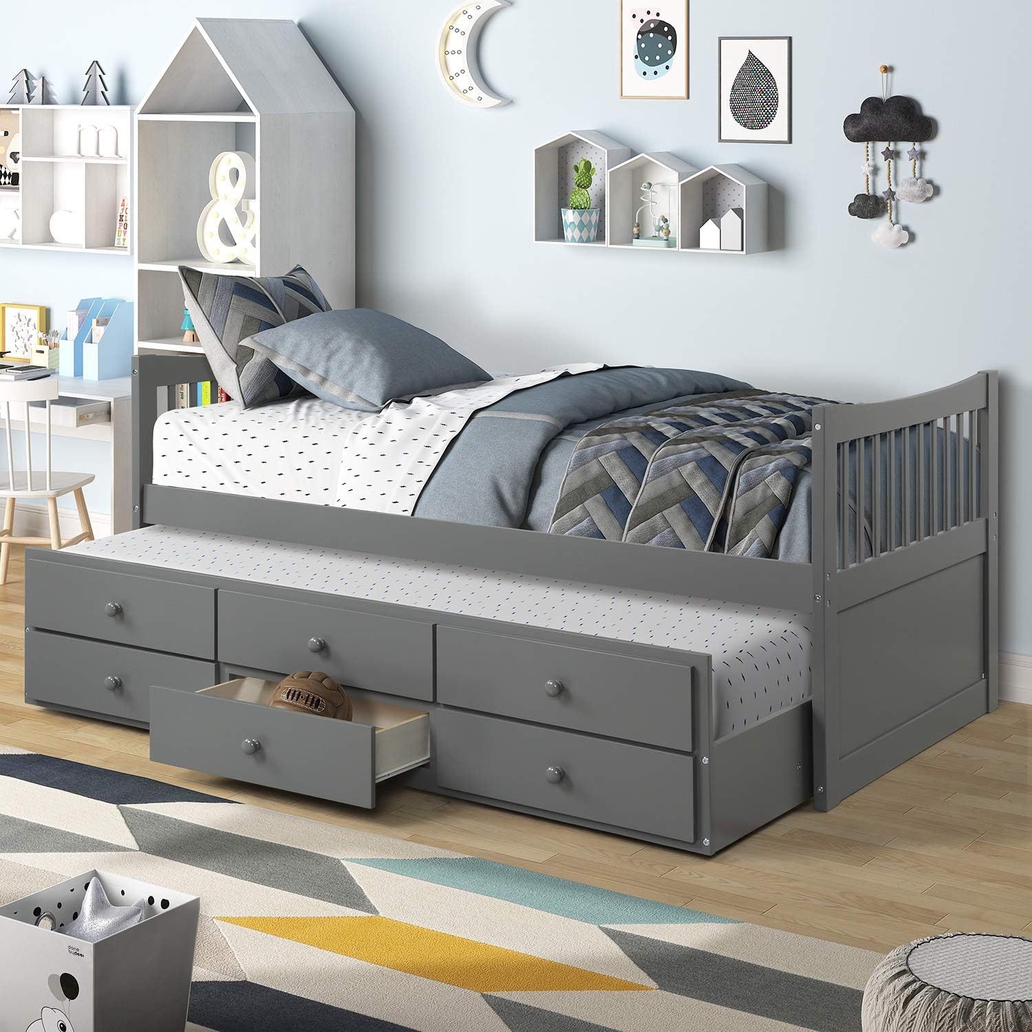 Rhomtree Storage Twin Daybed with Trundle and 3 Storage Drawers Platform Bed Frame with Headboard Footboard Kids Bed (Grey)