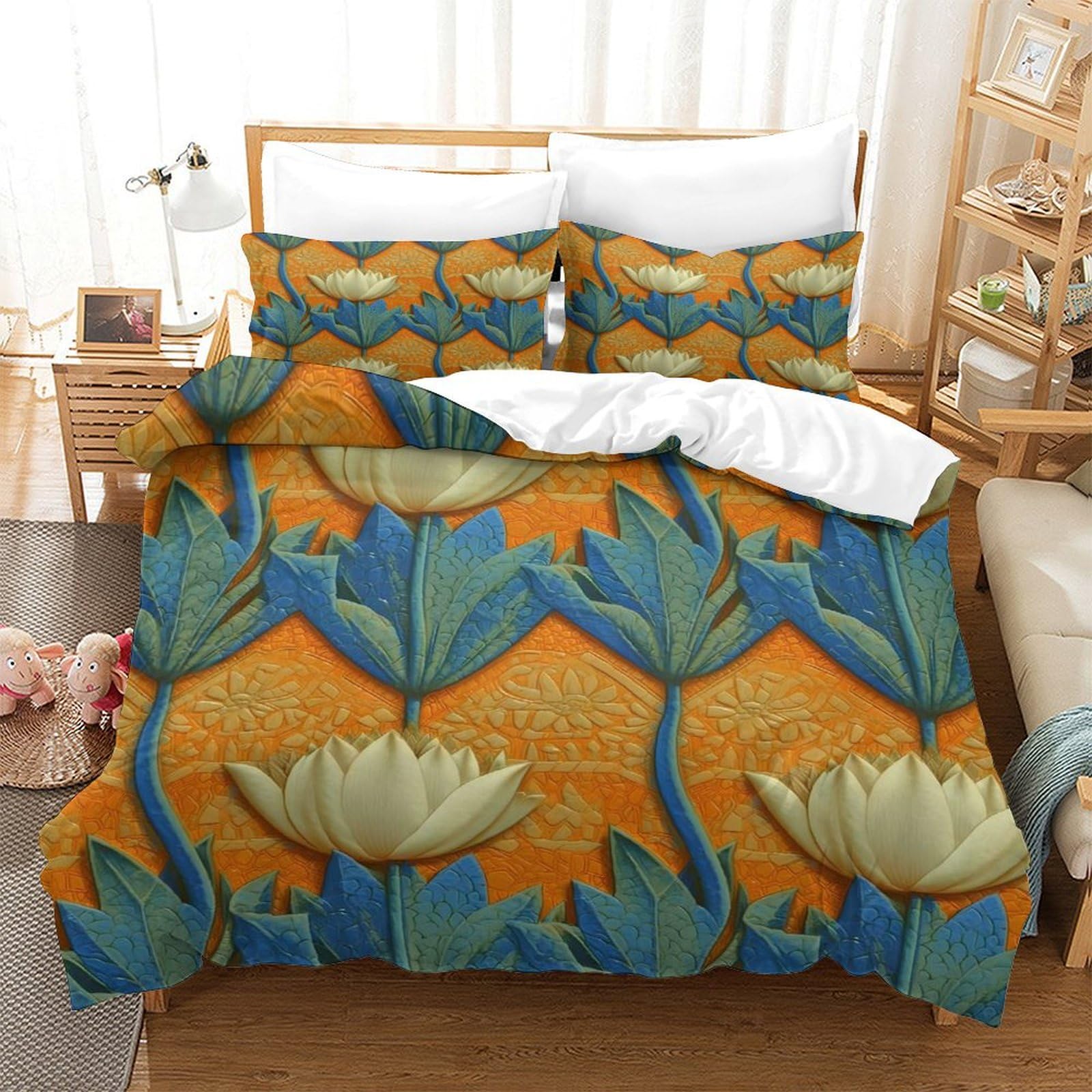 Floral Ornament Egyptian Style Kids Soft Microfiber Bedding Set Full Size 3Pcs Comforter Set with Zipper Closure Ultra Soft Quilt Set Breathable Duvet Cover Set Bedclothes Double（200x200cm）
