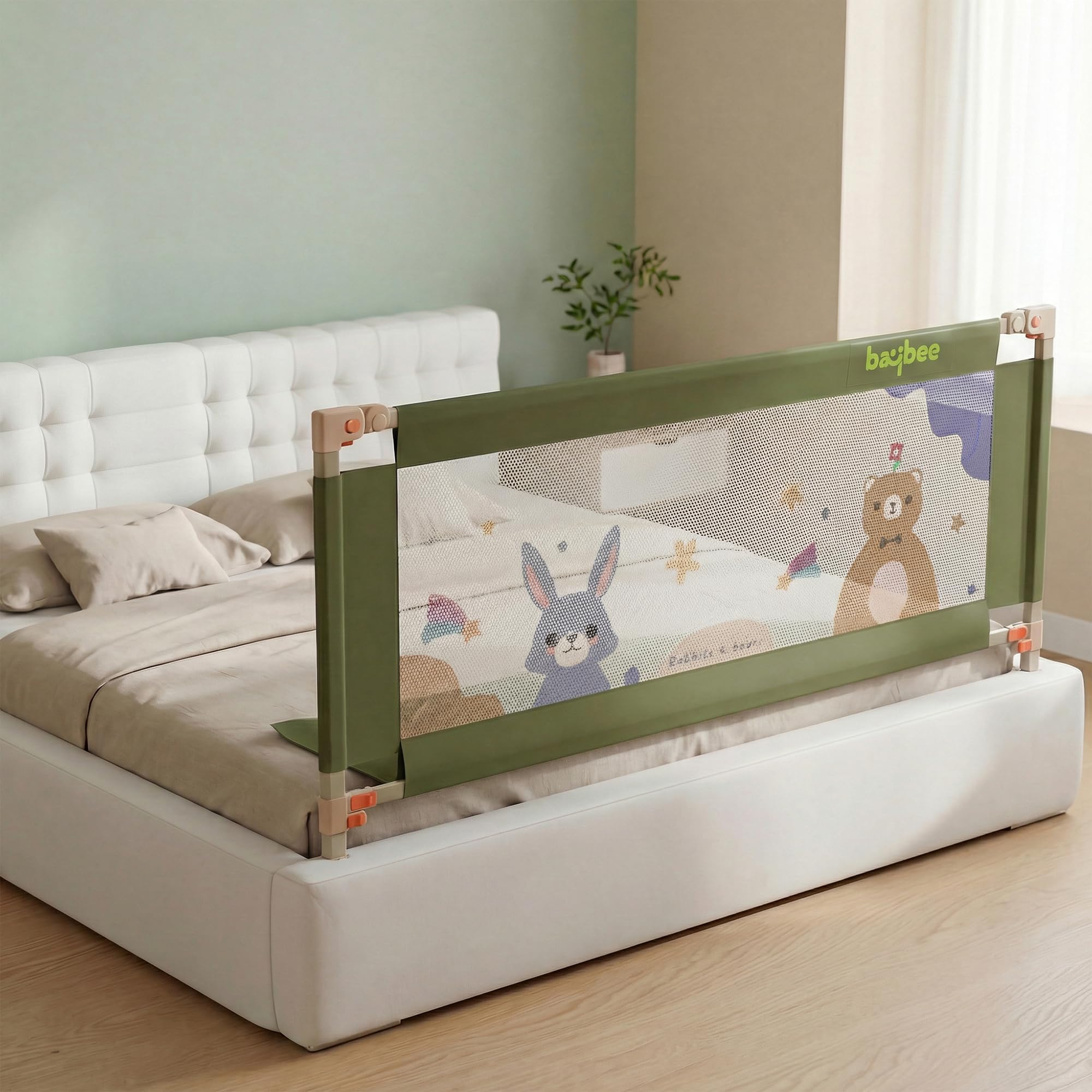 BAYBEE Baby Bed Rail Guard (150x80cm), Bedrail for Baby Safety with 28 Height Adjustable, Portable Bed Side Protector for Babies Falling | Foldable Single Side Bed Railing, 1 Side, (Dark Green)