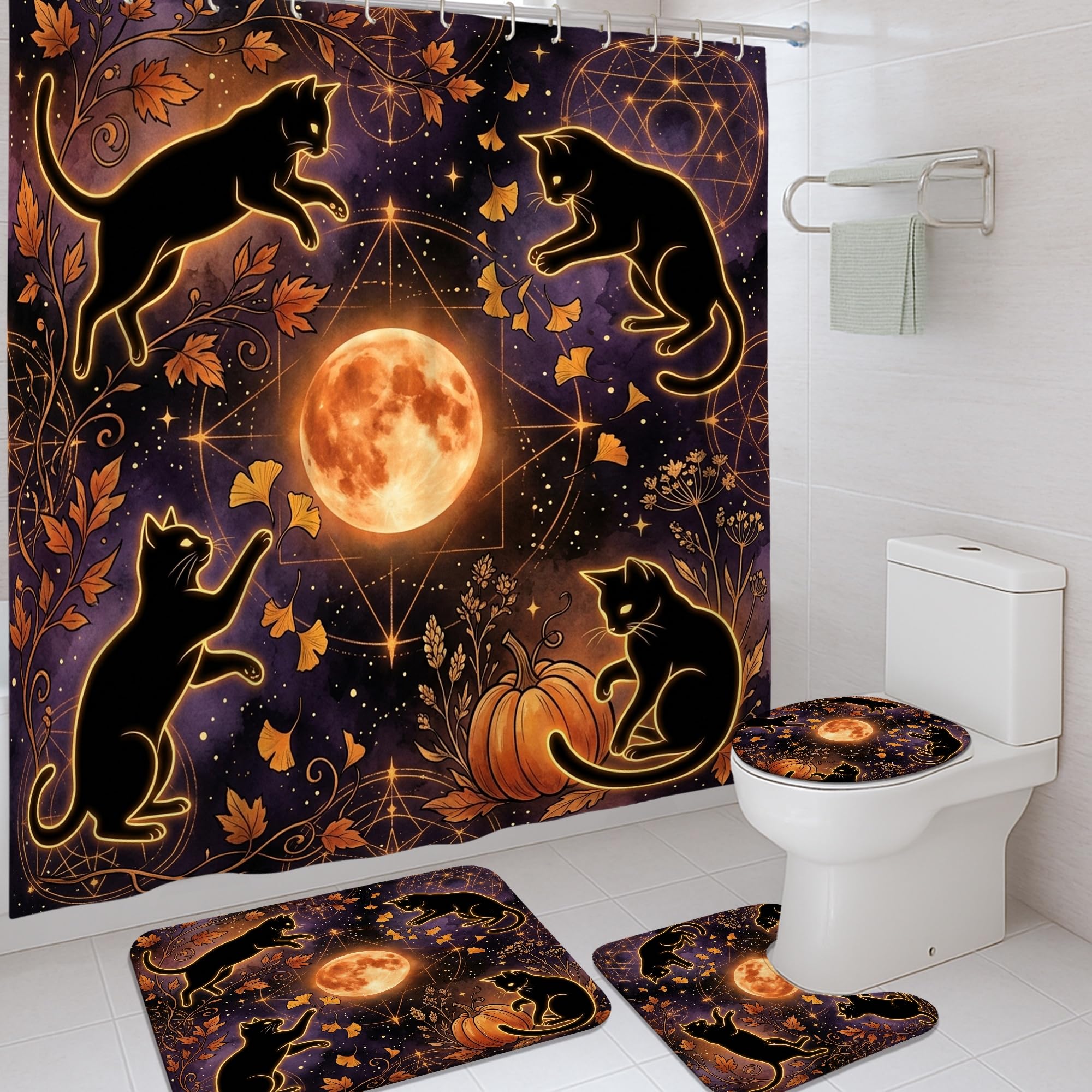 Ensemble rideau de douche fantaisie imperméable noir 183x183 avec tapis de baignoire d'angle