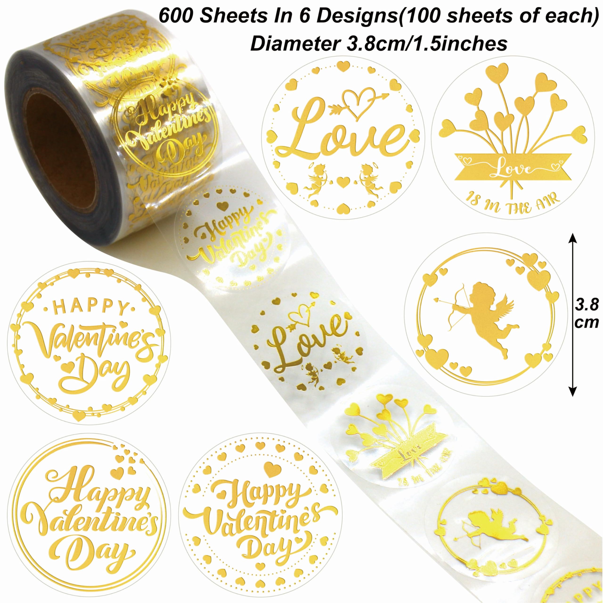 Masper Valentines Stickers, 3.8 cm, 600 Sheets, 6 Waterproof Transparent Gold Foil Shiny Designs - Image 2