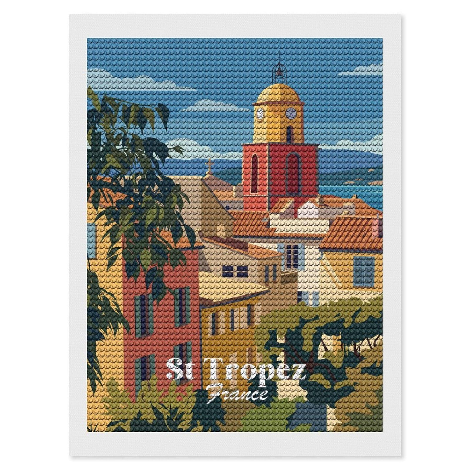 Junmoney St Tropez France Diamond Art Canvas 12"x16", Easy to Follow Symbols, Finish and Display, Fun Craft Experience, Aesthetic Room Decor