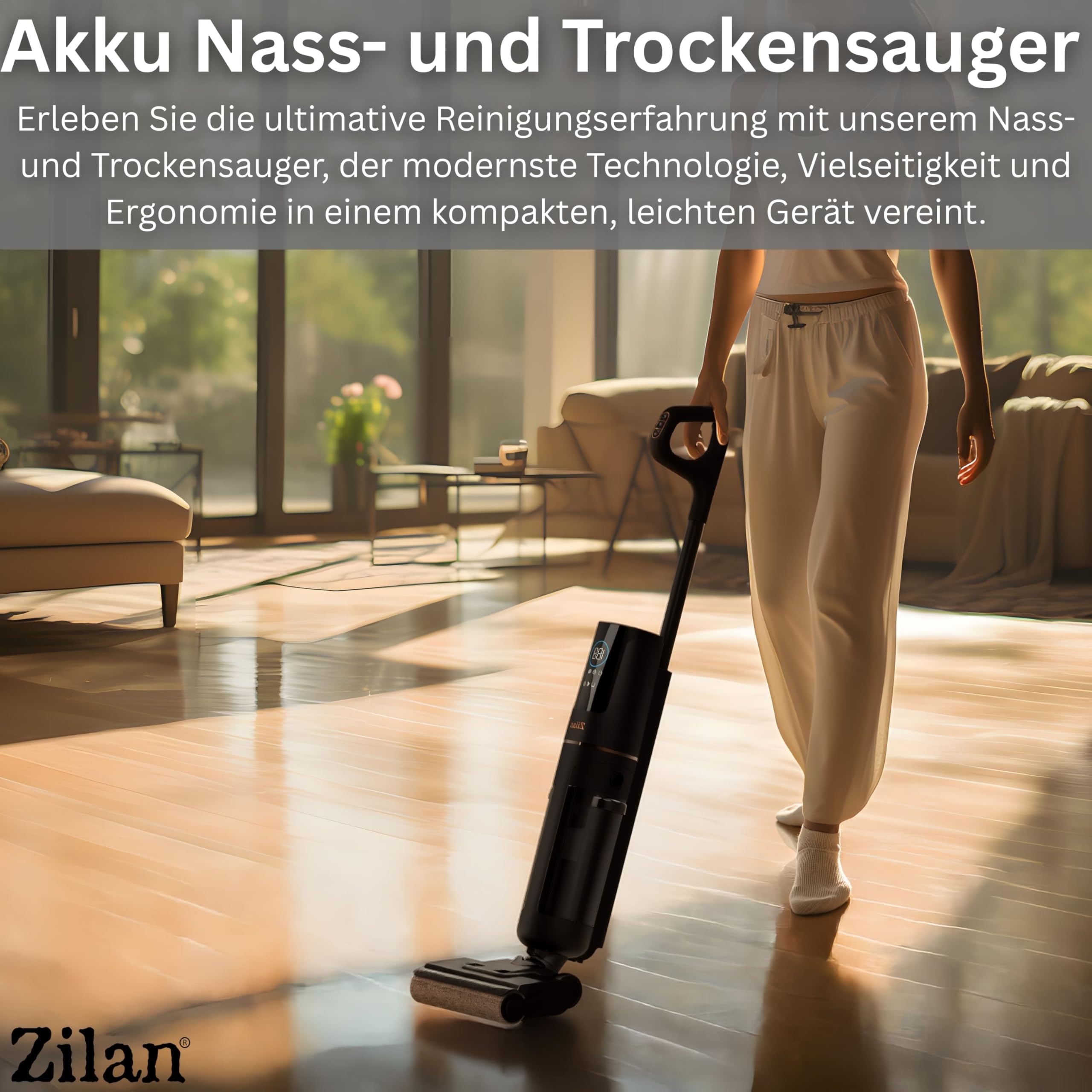 Zilan Akku Nass-Trockensauger mit Wischfunktion – Kabelloser Wischsauger & Staubsauger, Nass-Trocken-Sauger 2-in-1 Saugwischer Akkusauger Bodenreiniger für Alle Hartboden, BLDC-Motor Selbstreinigung