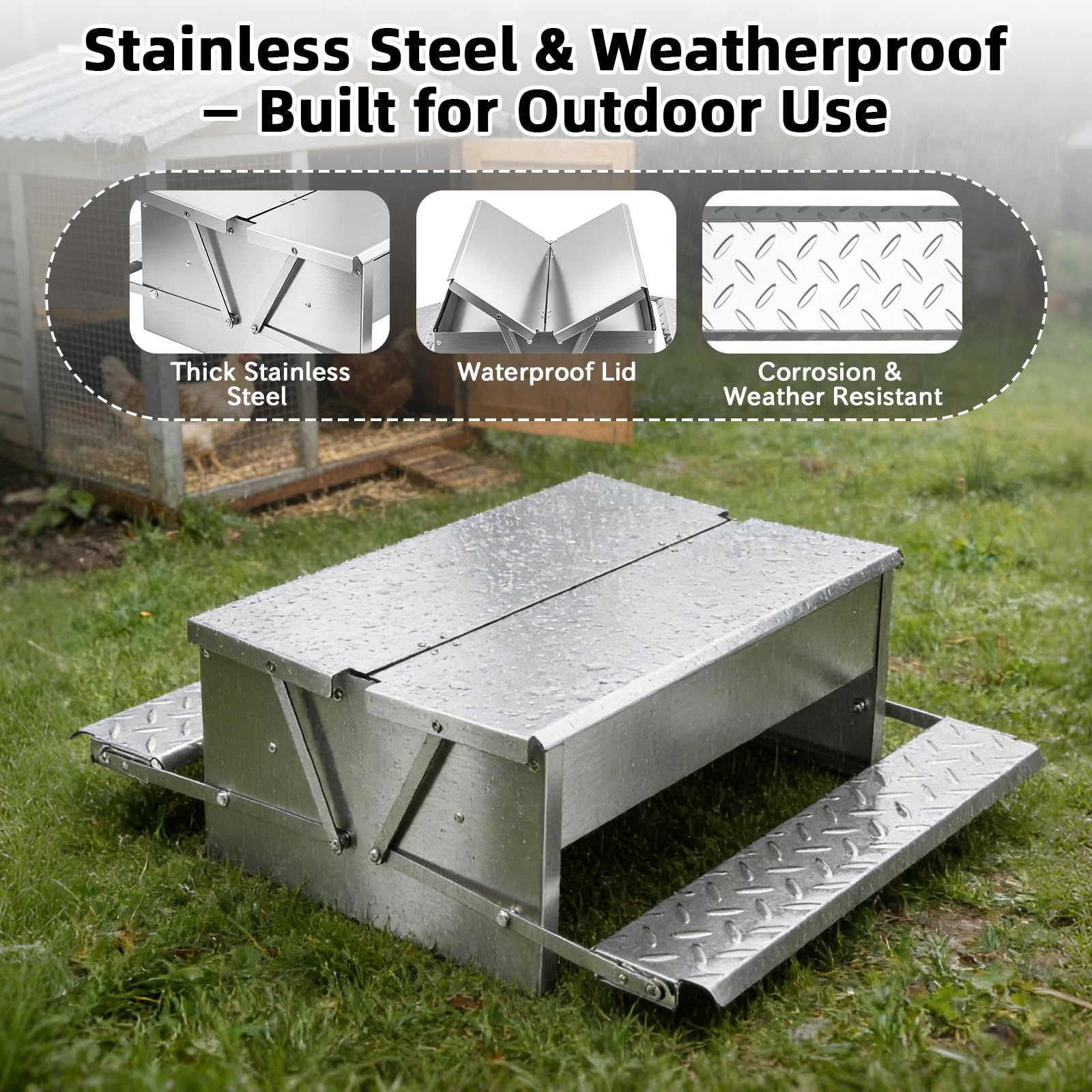 Comedero Gallinas Anti Ratas Antipajaros, Comedero Automático Gallinas de 12KG, Doble Cara con Pedal, Acero Inoxidable, para Pollos, Patos y Gansos, para Exterior/Gallineros/Granjas/Patios