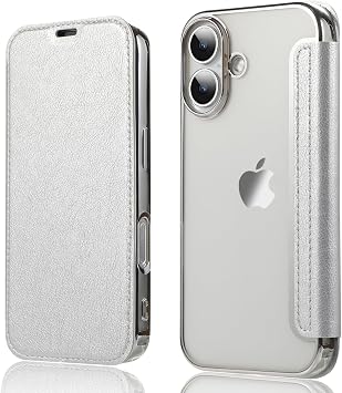 Smartphone Case For iPhone 16, Folio Type, Clear Back, Transparent, Plated, Luxury PU Leather + TPU, Shock Absorption, Lightweight, Thin, Brand, iPhone 16 Mobile Phone Cover Silver, iPhone 16