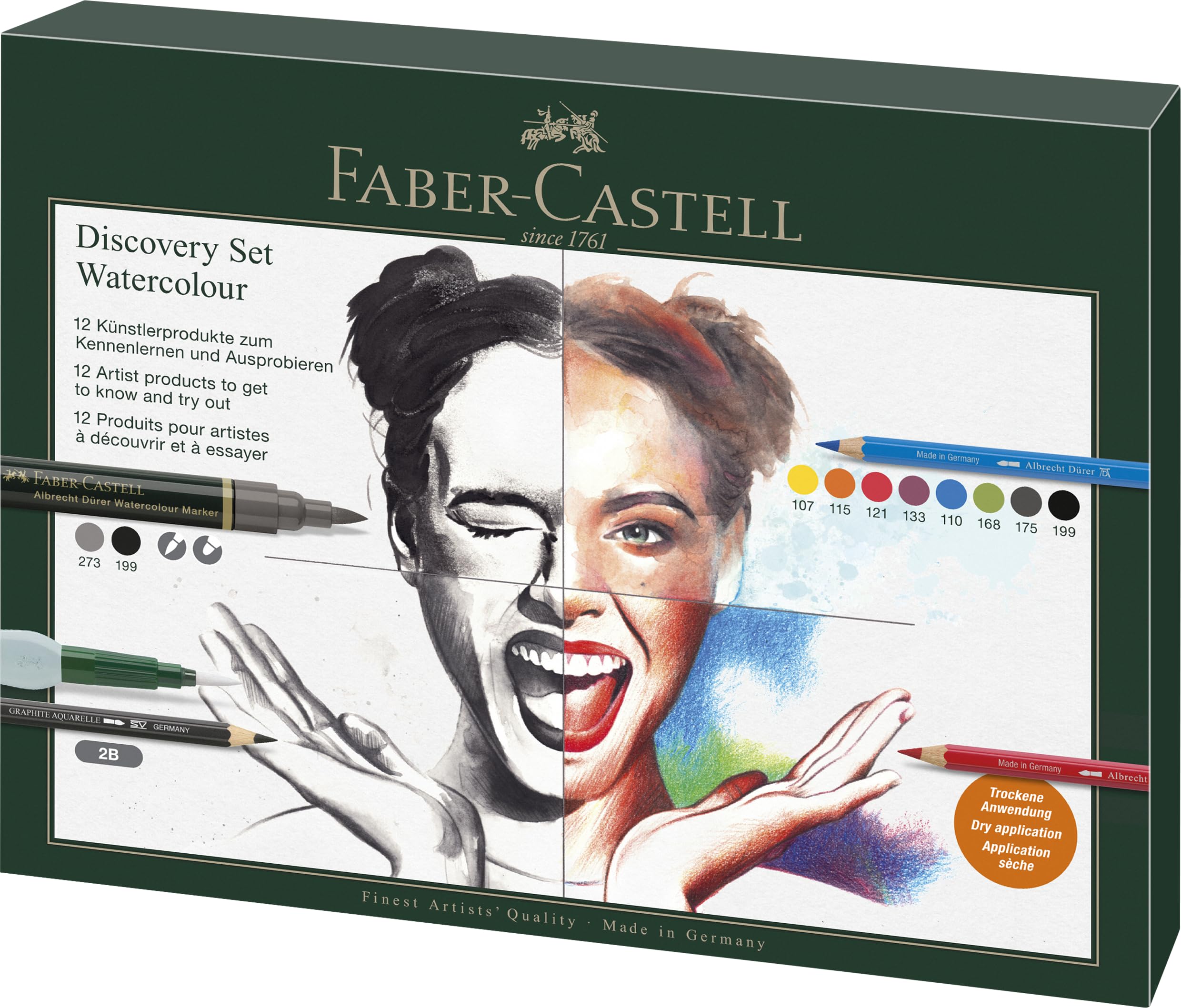 Faber-Castell Discovery Set Albrecht Durer Water Soluble Art Set, 12 Pieces, Artist Supplies, Watercolour Colouring Pencils, Watercolour Markers Pens, Water Brush, Artist Set, Home, School, Art Studio - Image 2