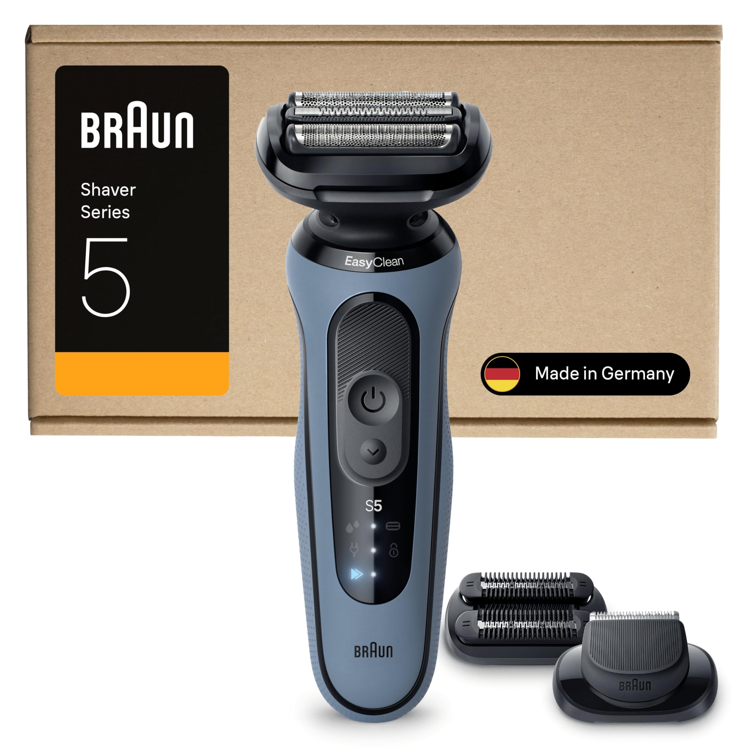 Braun Golarka elektryczna serii 5, do 50 min, +2 nasadki, bezprzewodowa, maszynka do golenia na mokro i na sucho, dla mężczyzn, 100% wodoodporna, 52-A1820SI, lazurowa