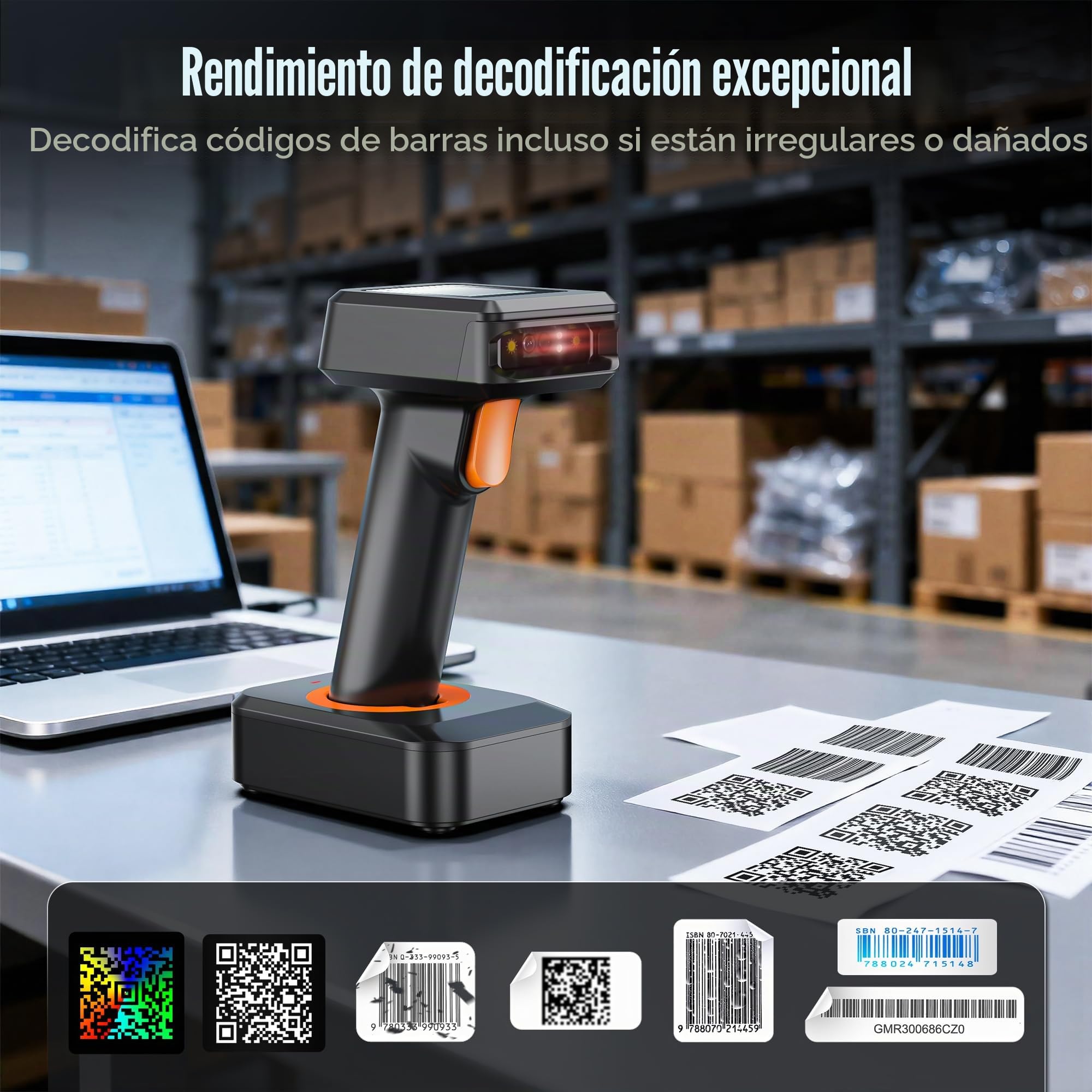 Tera Lector de Codigos de Barras Inalambrico Inventario 1D 2D con Pantalla Escaner de Codigo de Barras Bluetooth con Receptor Inalambrico Base del Cargador y Cable USB Compatible de Windows, Android