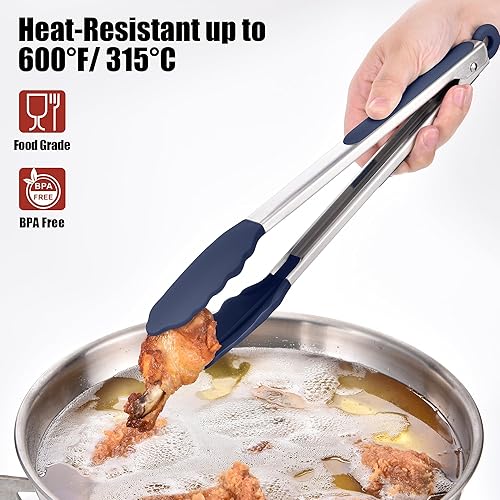 Miniatura 3 de Doosu Pinzas de cocina para cocinar juego de pinzas para alimentos resistentes al calor de 600 F con puntas de silicona antiarañazos, pinza de