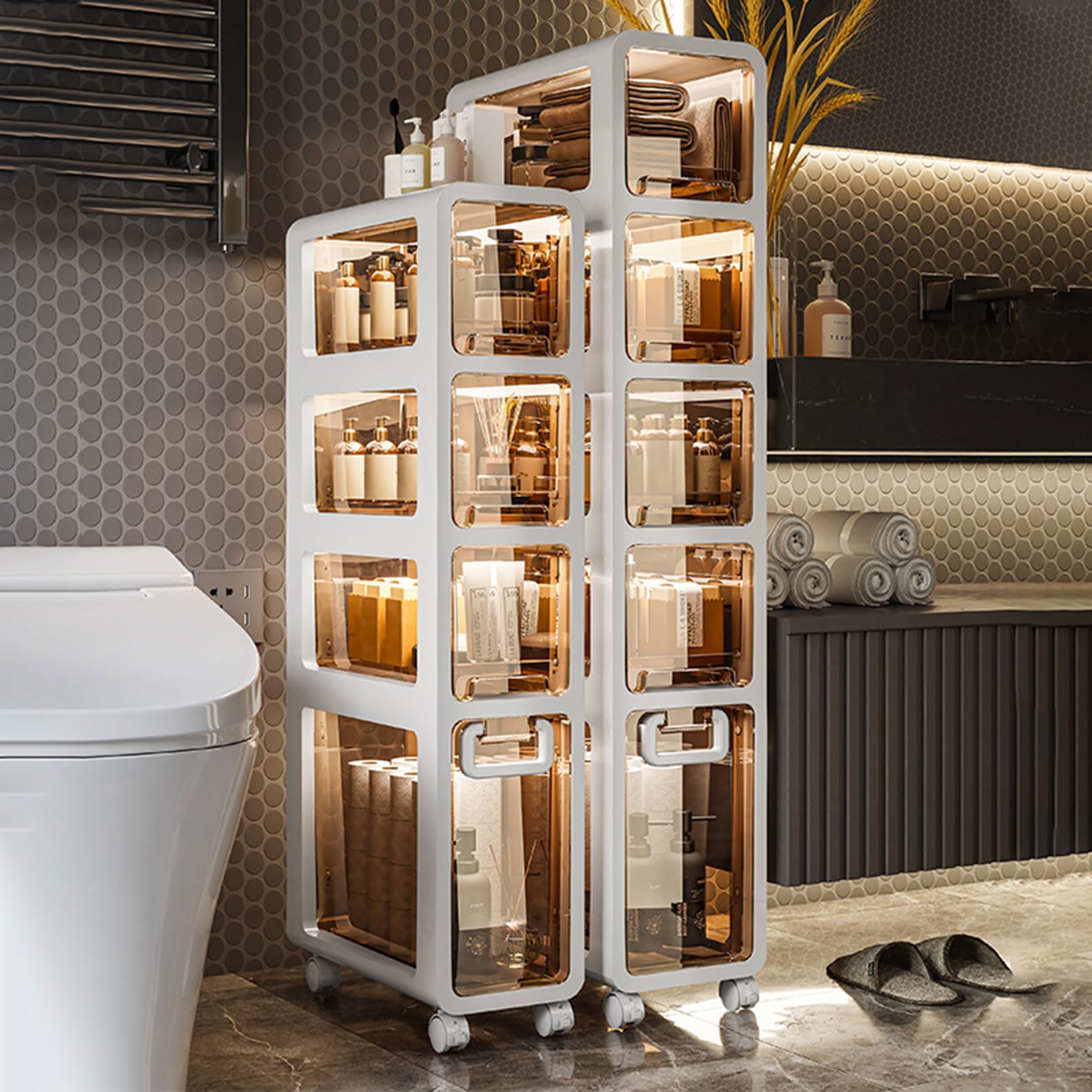 Armadietto da bagno moderno con cassetti trasparenti e rotelle, salvaspazio, verticale, per soggiorno o casa, ufficio, grande capacità, sottile, impermeabile ed elegante