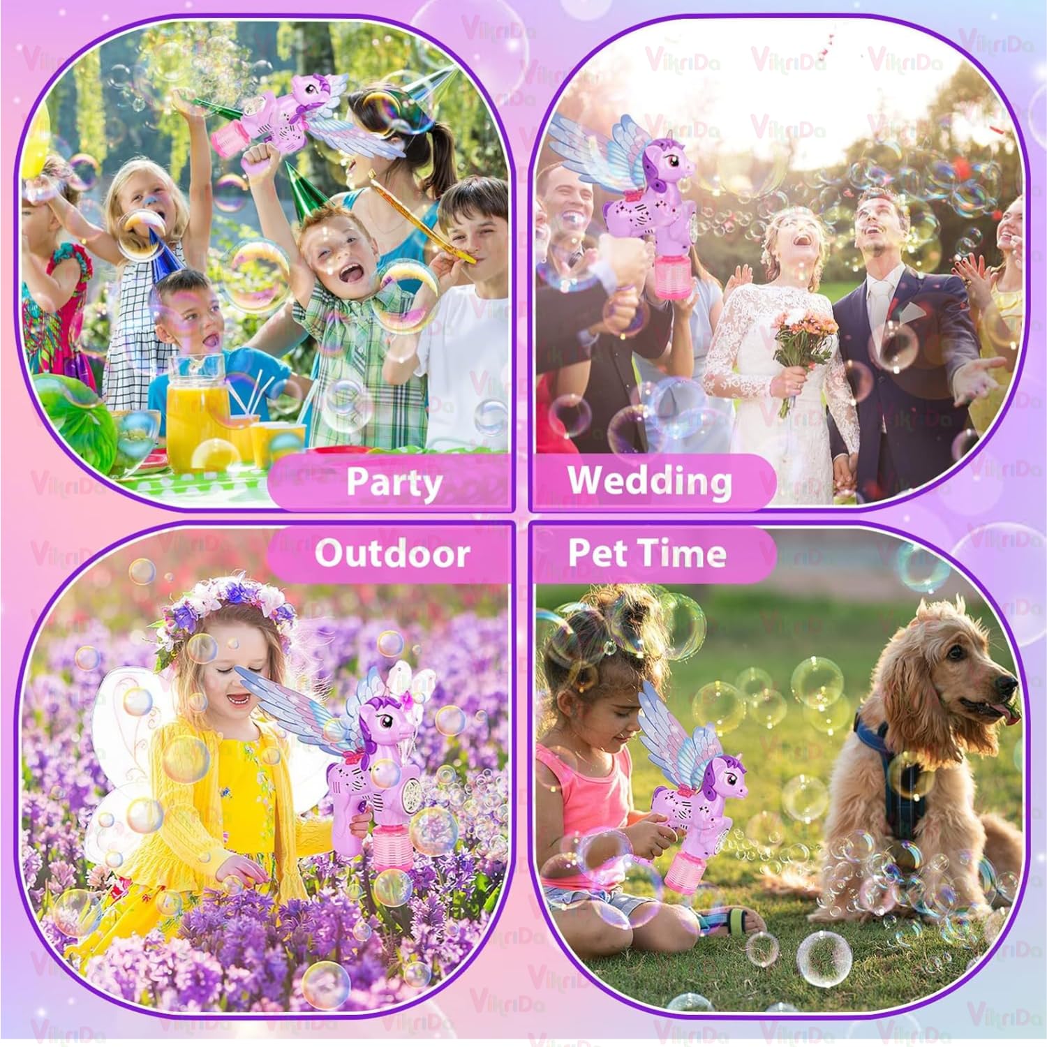 VikriDA Automatic Unicorn Shepe with Wing Bubble Gun Machine for Kids – 5000+ Bubbles/Min – Leak-Proof Space Blower with LED Light 3