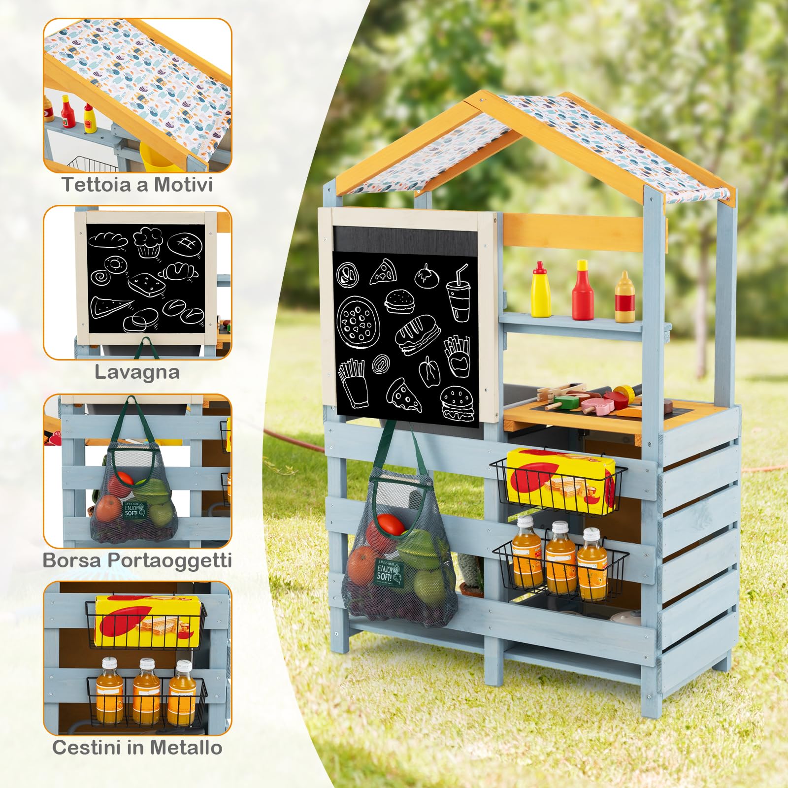 RELAX4LIFE 3 in 1 Cucina Giocattolo per Bambini in Legno, Set di Grill per Barbecue con Griglia, Forno e Lavagna, Gioco Negozio con 12 Accessori, 75 x 34 x 111 cm