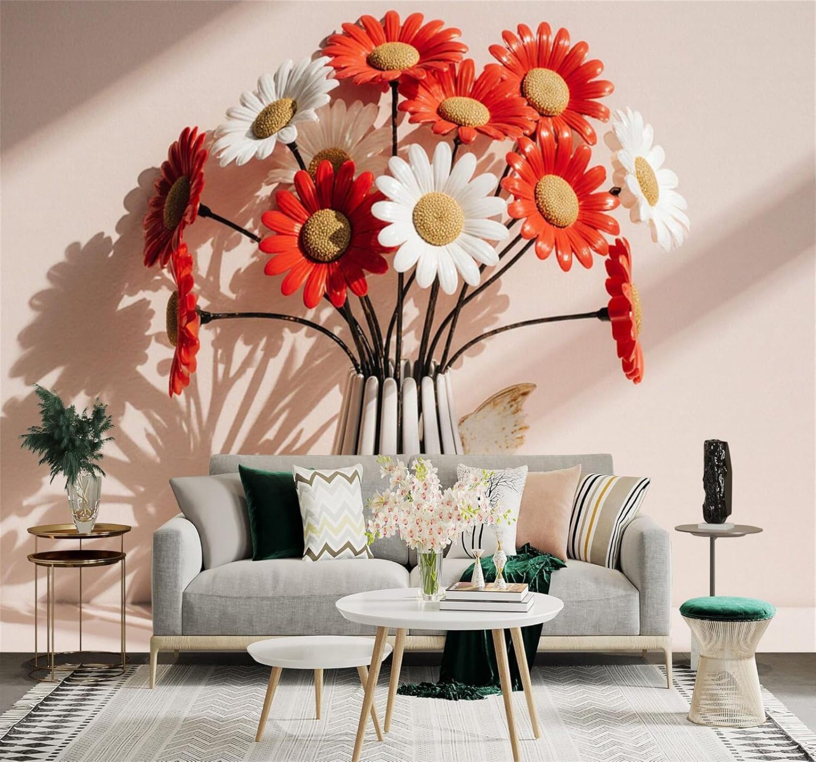 XLMING Minimalist Three Dimensional Red and White Bouquet Vase Soft Shadows 3D Wallpaper Silky Texture Home Study Office Grey Dining Room Sofa Bedroom Living Room TV Backdrop-350cm×256cm