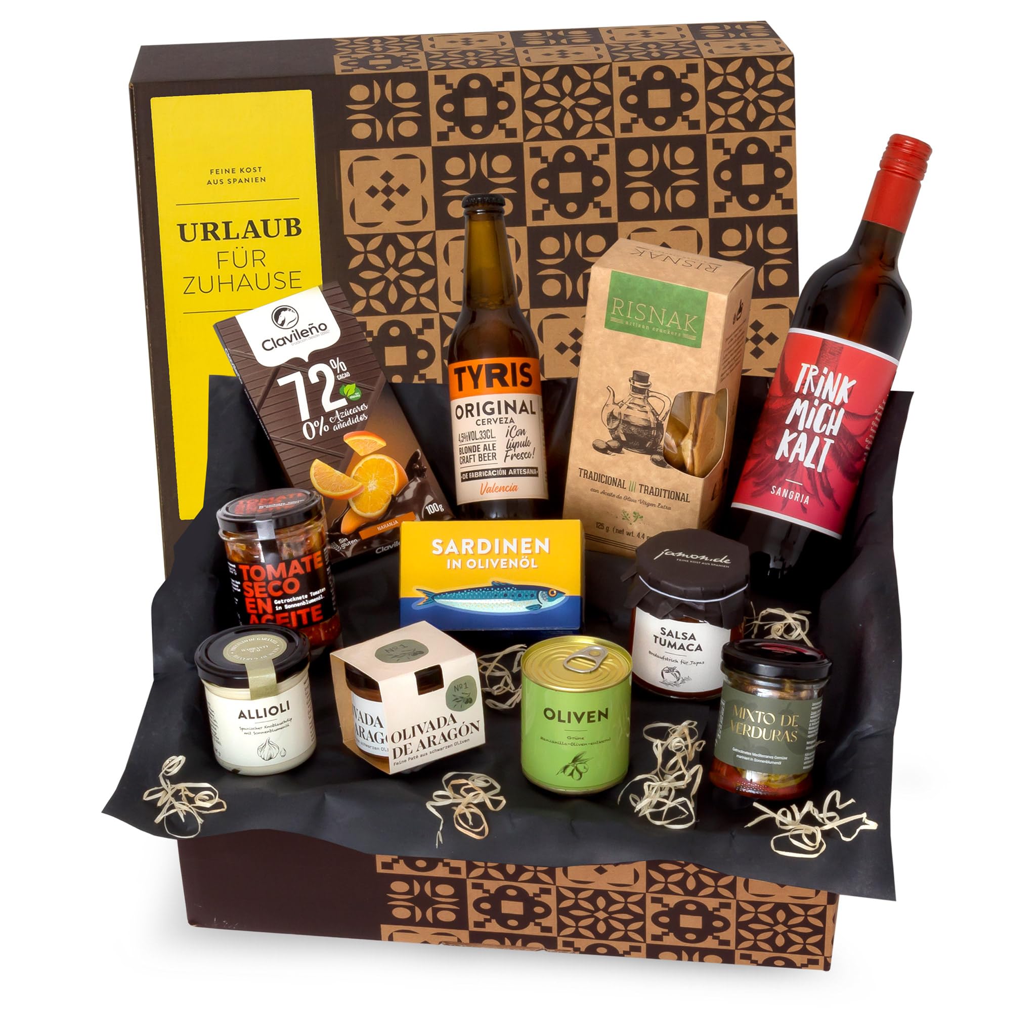 Präsentbox Urlaub für Zuhause - Gefüllter Geschenkkorb mit Sangría & mediterranen Leckereien von jamon.de