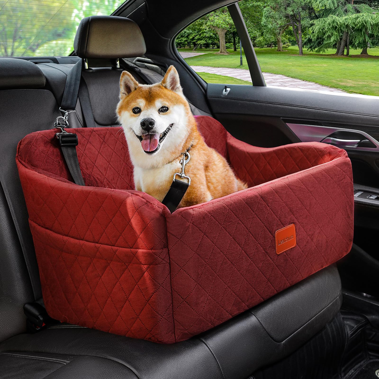 Lealchum Large Dog Car Seat,Memory Foam Cushion Car Seat for 2 Small Dogs,Comfy Vehicle Dog Bed with Side Pocket and 2 Clip-On Safety Leashes,Easy to Install Car Seat for Dogs(Black, Large) — view 10