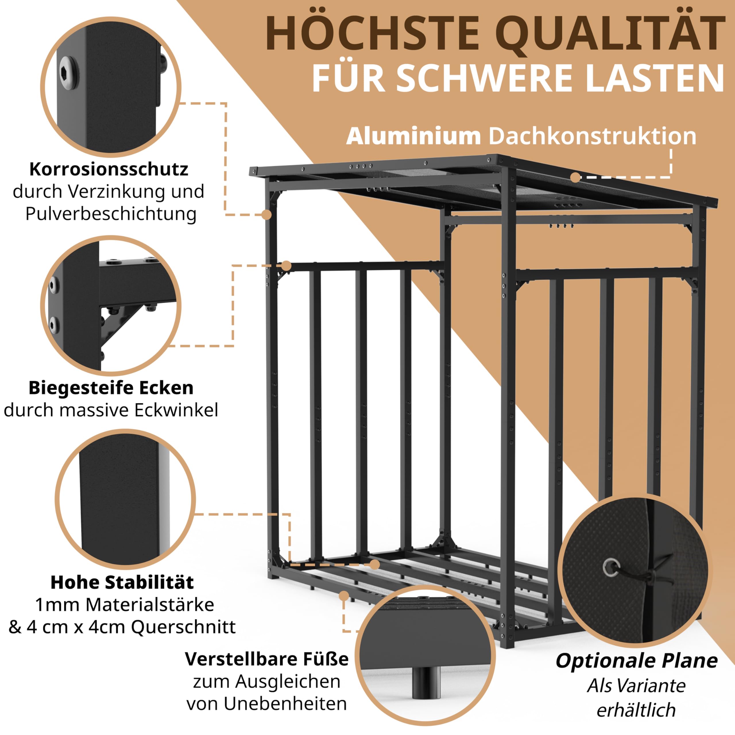 LAWA Kaminholzregal Metall mit Dach 185x105x185 verzinkt | 3,5t Tragfähigkeit, 1m tief, Brennholzregal außen, Stapelhilfe, Unterstand für Feuerholz, für 25cm Holzscheite