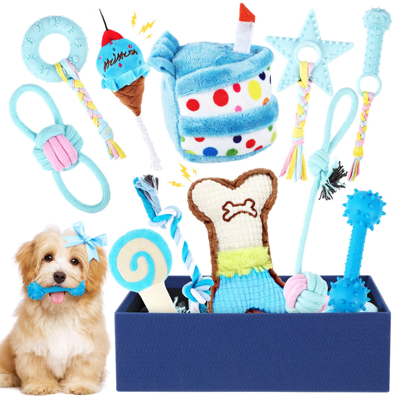 11 Pcs Dog Birthday Toy Dog Birthday Cake Puppy Girl Boy Squeak Toys  Interactive Puppy Gift with Box for Small Medium Size(Blue)