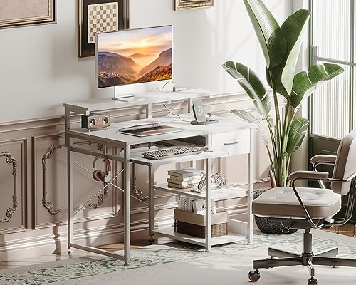 Miniatura 8 de Escritorio pequeño para computadora con bandeja para teclado, escritorio de oficina de 40 pulgadas con toma de corriente, escritorio de trabajo con