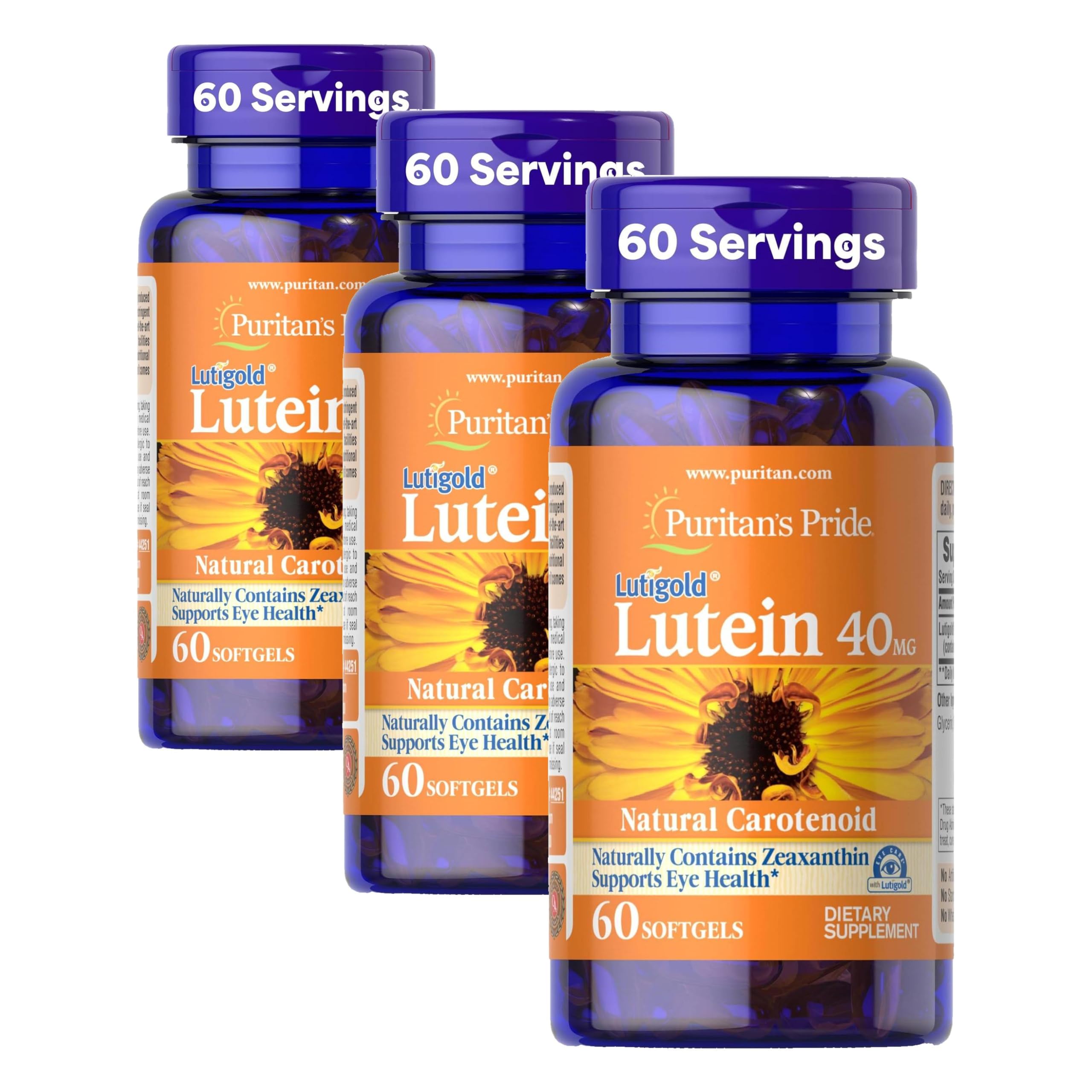 Puritan's Pride Lutein 40 Mg with Zeaxanthin, Helps Support Eye Health*, Whole Bean, 60 Ct, (Pack of 3) 60 Count (Pack of 3)
