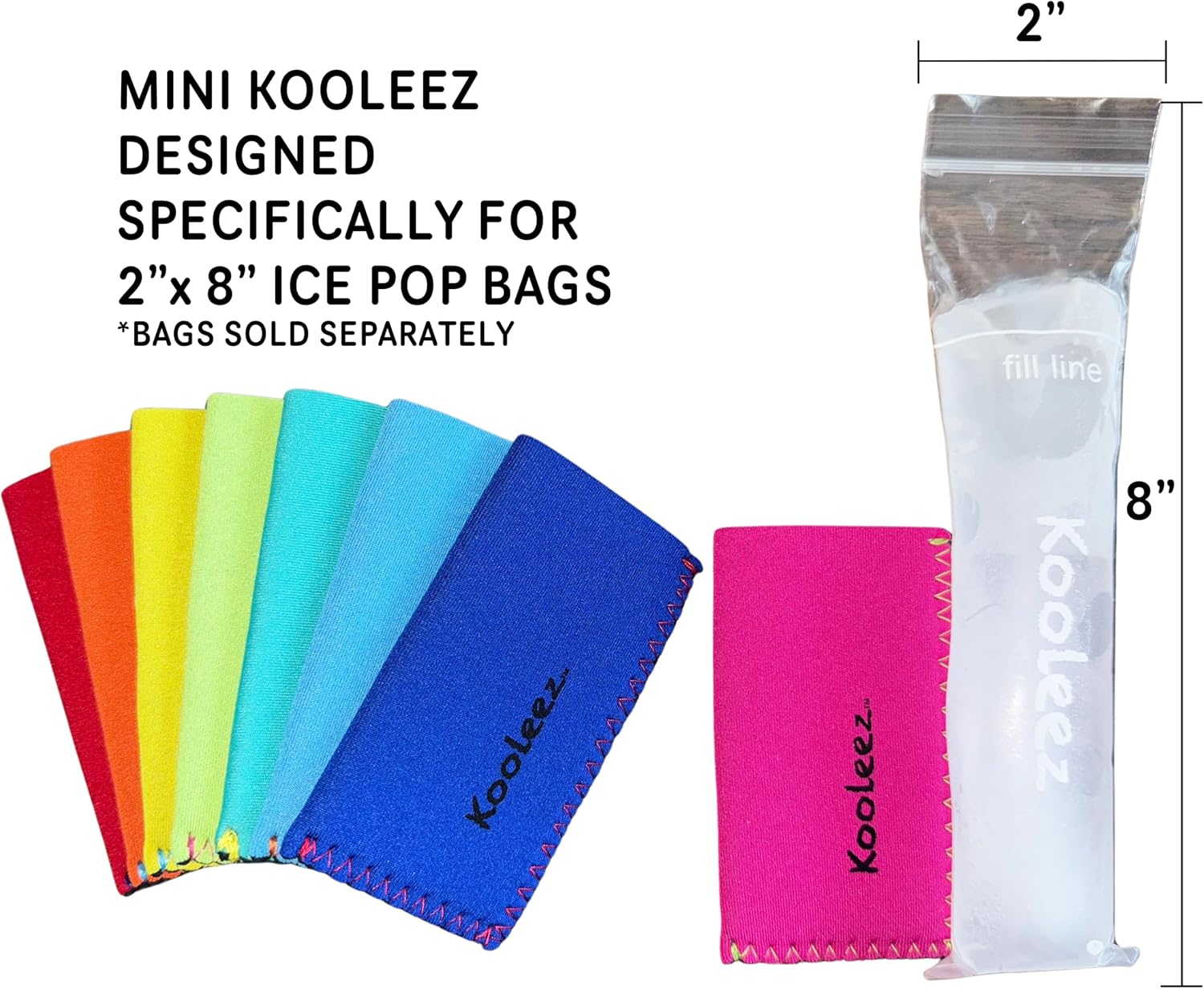 Kooleez Ice Pop Sleeves, Insulated Neoprene Sleeve for Freezer Pop/Ice Pop, Popsicle Holders for Kids, Custom size for 2"x8" ice pop bags, 8-Pack