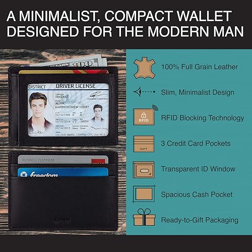 Miniatura 4 de Cartera delgada de cuero RFID para tarjetas de crédito para hombres o mujeres Diseño delgado pequeño, Negro -, Minimalista