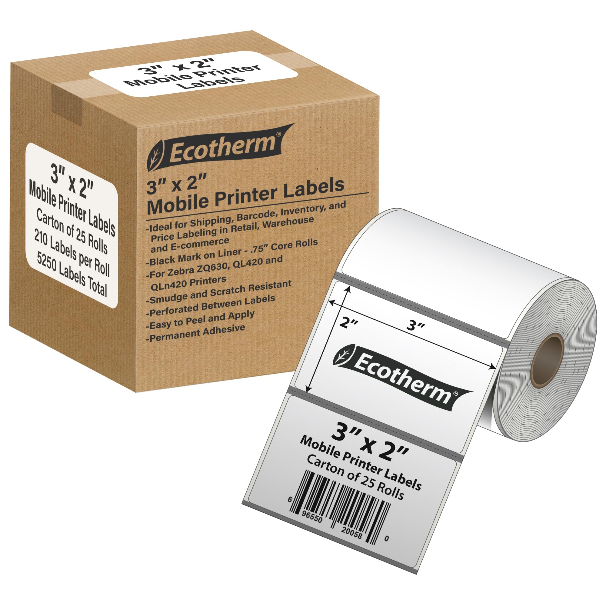 - 3" x 2" Mobile Printer Labels | 25 Rolls | 5250 Labels | fits Zebra ZQ630, QL420, QL320 and QLn420 Printers | Black Mark On Liner | .75" Core Rolls | by Ecotherm