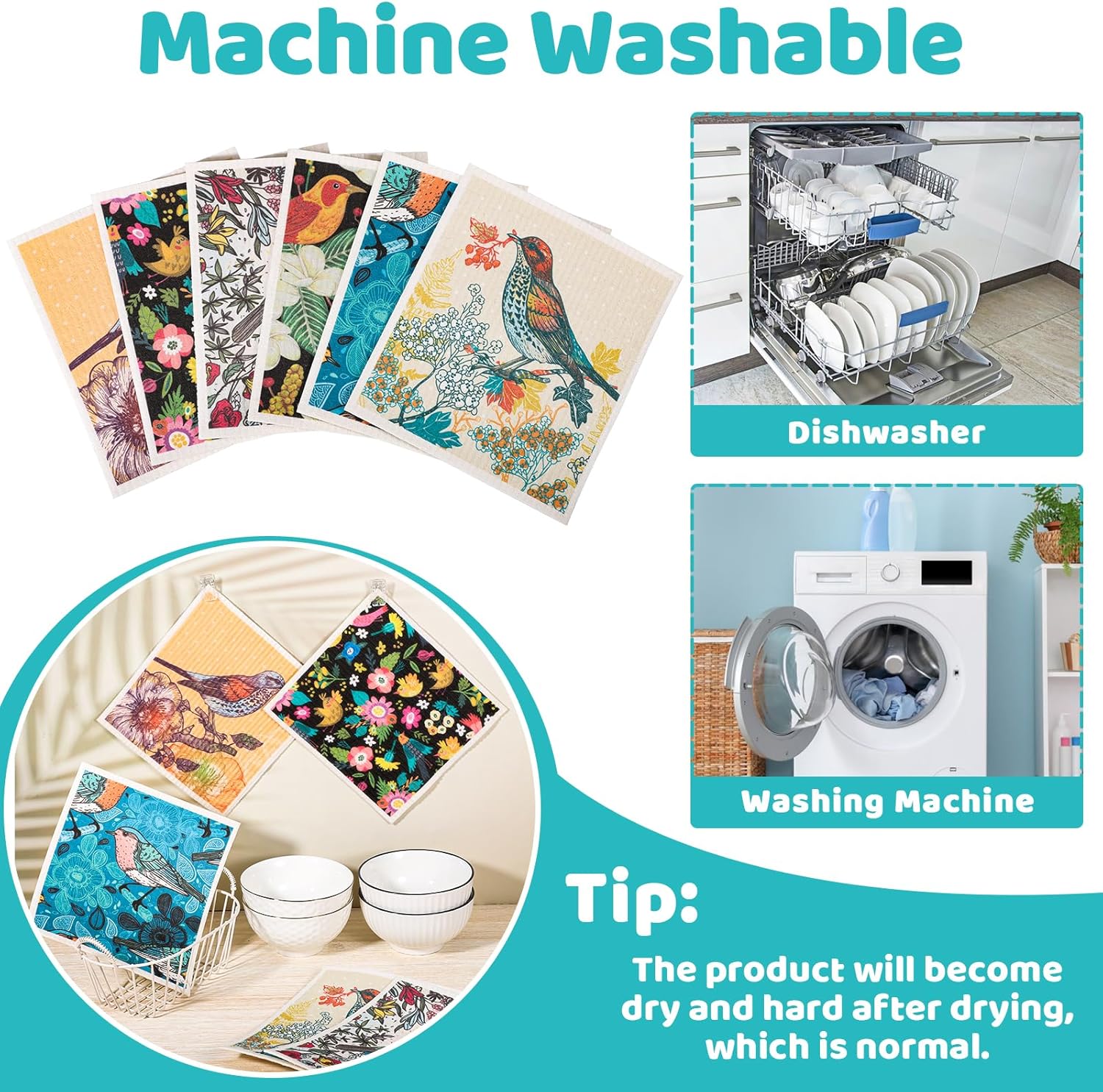 6 Pack Swedish Dishcloths for Kitchen, Swedish Rags Absorbent Retro Bird Dish Cloths Dish Towels with Adhesive Clips, Reusable Paper Towels No Odor for Cleaning Kitchen Valentines Gifts for Women - Image 5