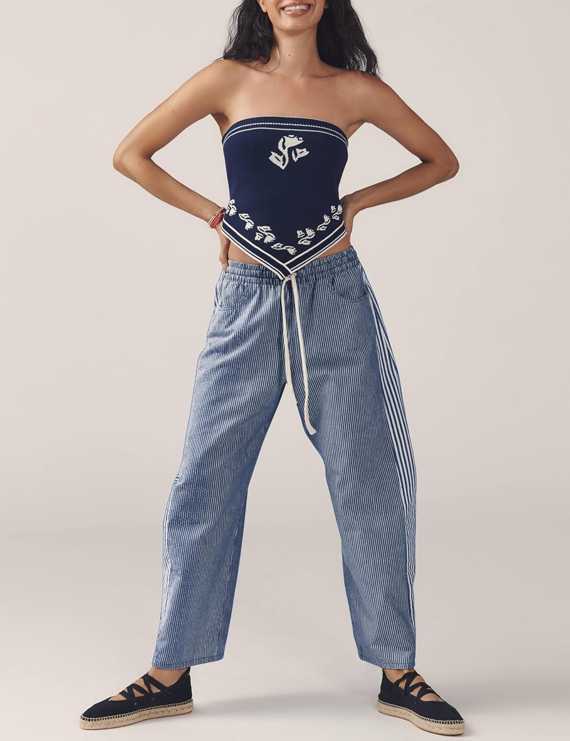 SCUSTY Women's Baggy Wide Leg Jeans Mid Rise Barrel Denim Ankle Pants Casual Striped Pull On Drawstring Trousers with Pockets - Image 4