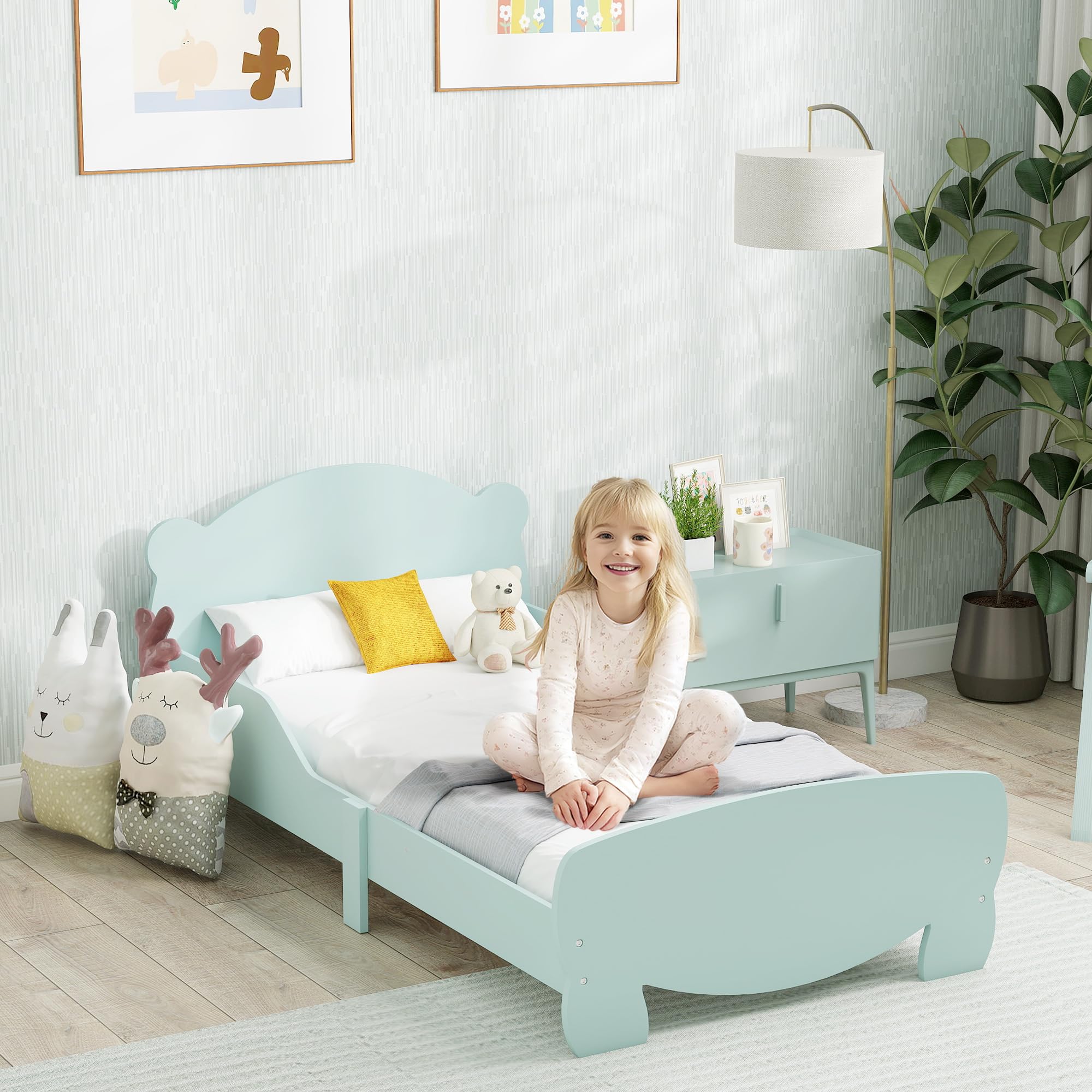 Lit Montessori pour Enfants 3-6 Ans 140x70 cm avec Côtés Anti-Chute et Sommier à Lattes Bois Vert