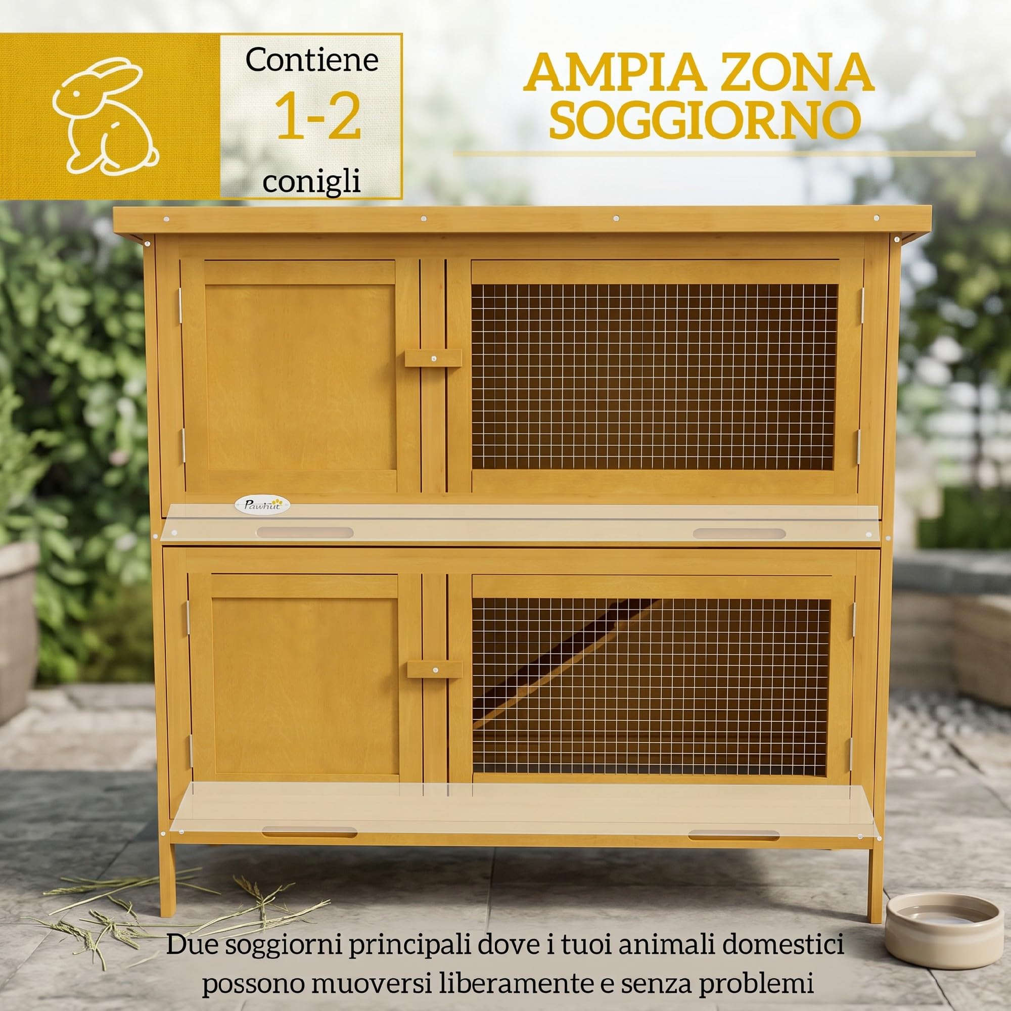 PawHut Conigliera da Esterno a 2 Livelli con 4 Porte, 97x44x91 cm, Giallo | Rampa Antiscivolo, Serratura, 2 Vassoi Estraibili, Conigliera in Abete, Tetto in Bitume, Gabbia per Conigli