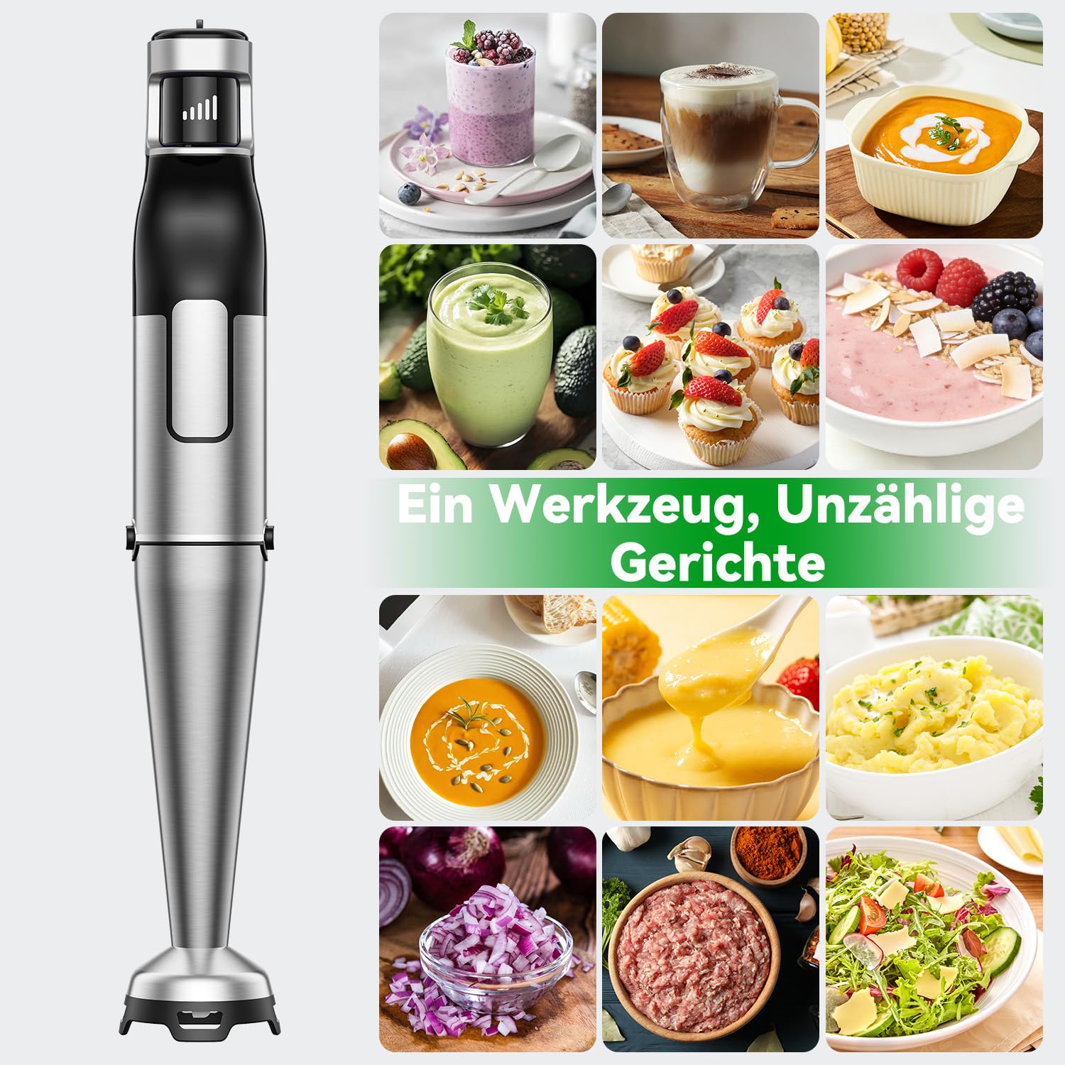 BESROY Stabmixer Set 5 in 1, 1100W Pürierstab Elektrisch, Edelstahl Hand Blender inkl. Häcksler, Schneebesen, Milchaufschäumer & Messbecher