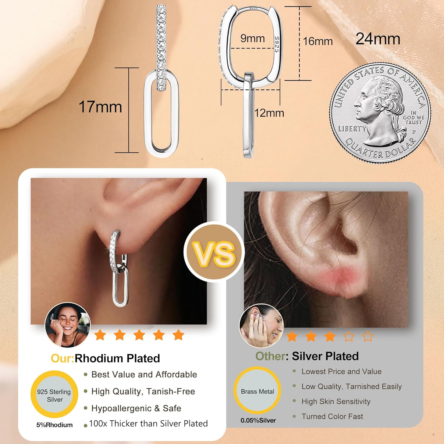 MILACOLATO 925 Sterling Silver Hoop Earrings for Women 18K Gold/Rhodium Plated Drop Dangle Hoop Earrings with Charms Cross Spike Moon Star Paperclip Link Statement Earrings Convertible Link Huggie Earrings Hypoallergenic - Image 2