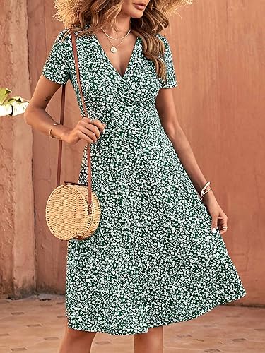 Miniatura 3 de MSBASIC Vestido casual de verano para mujer, con cuello en V, floral, manga corta, acampanado, largo por debajo de la rodilla