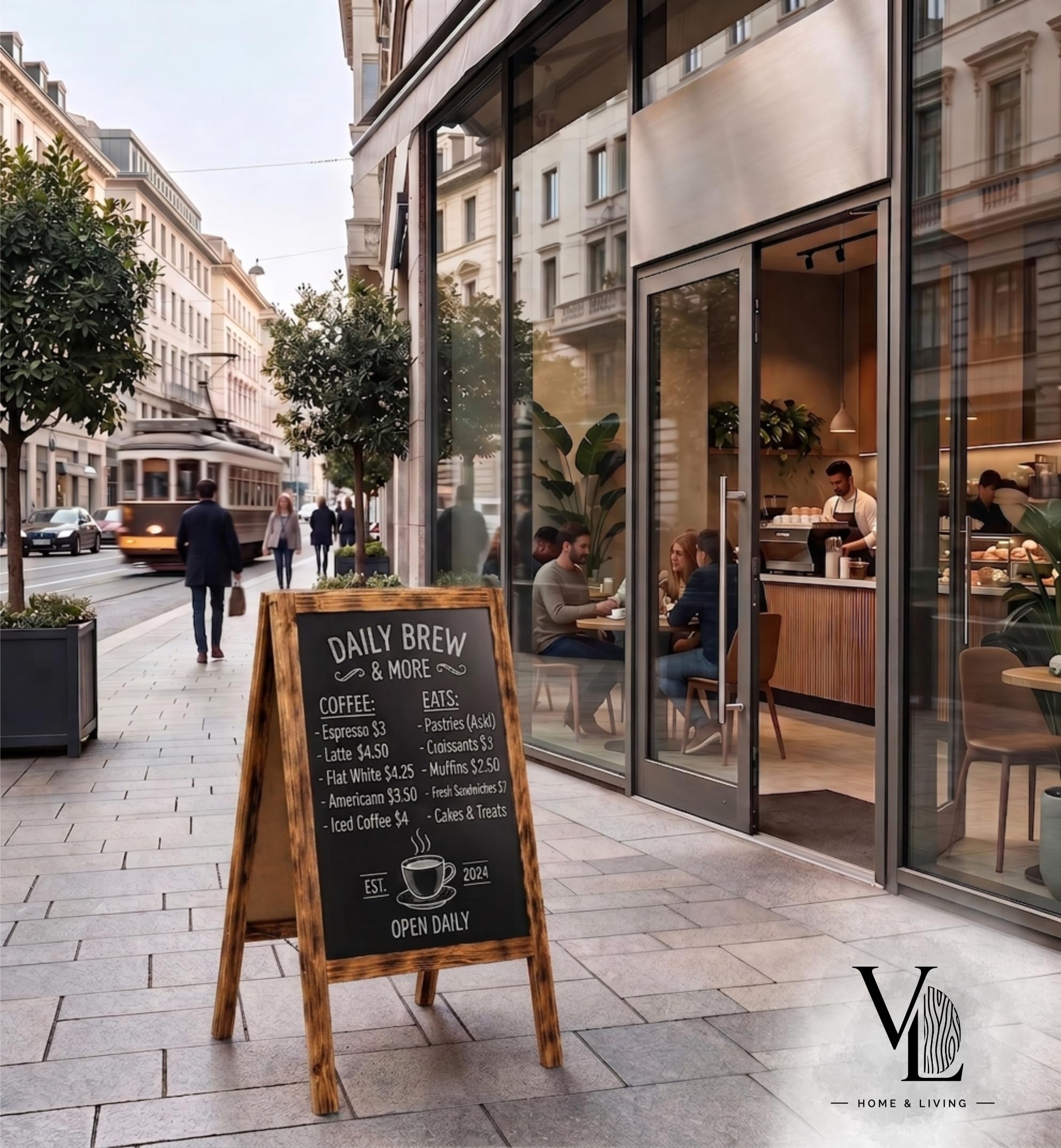 VELORA H&L Pizarra Caballete 60 x 120 cm Madera Quemada – Pizarra Doble Cara de Madera para Bar Restaurante Cafetería y Comercio, Caballete Publicitario Plegable para Exterior, Pizarra de Menú