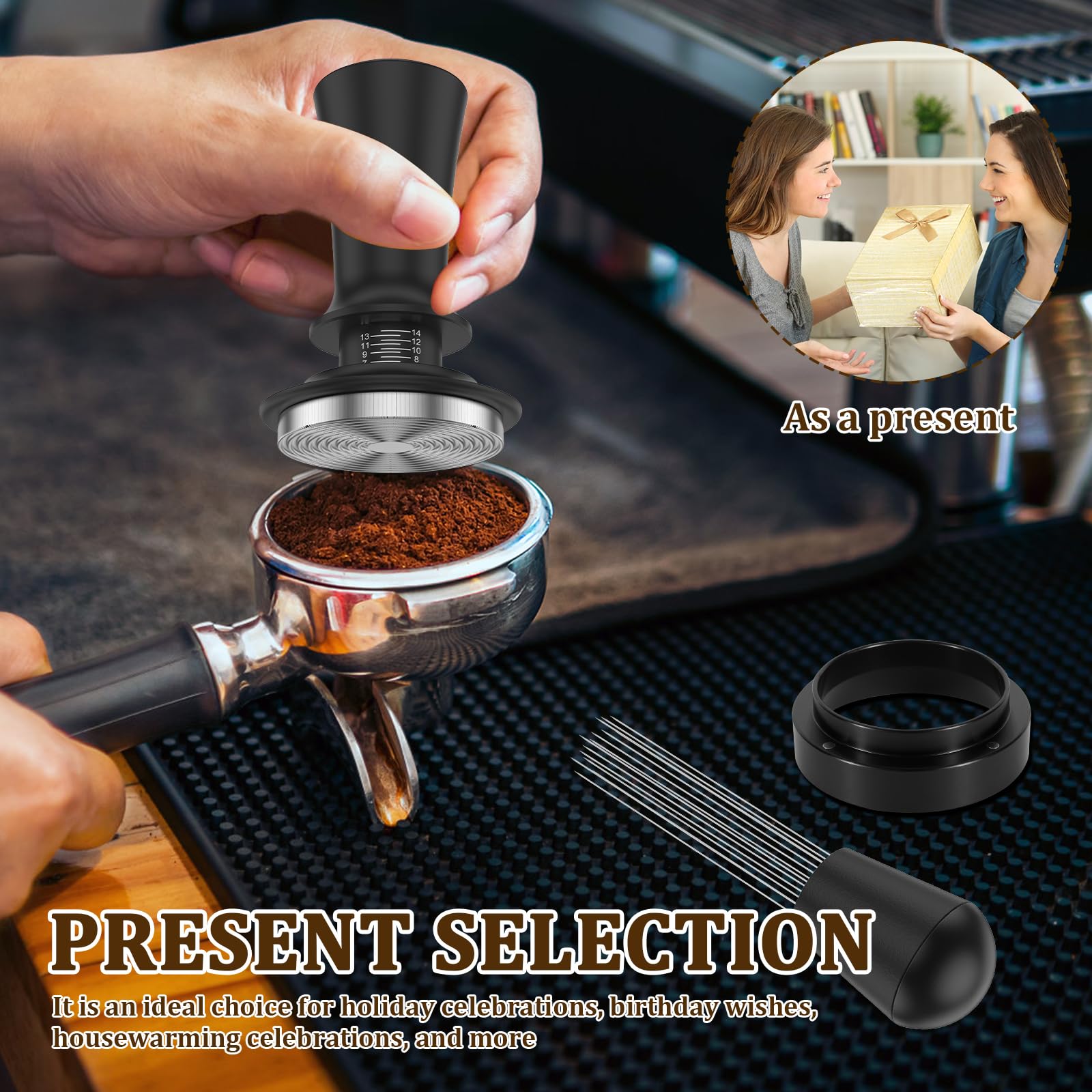 Accessori per caffè espresso Tamper 53 mm Set con stazione di tamper, anello dosatore, aghi, spazzola per la pulizia, accessorio per macchina da caffè Barista