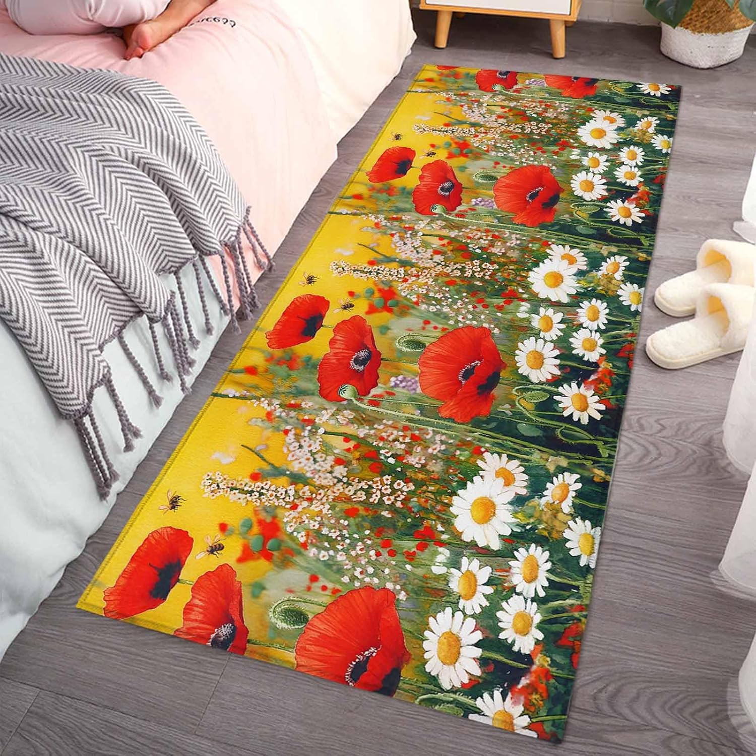 Kitchen Mats for Floor Modern Pastoral Flower Bee Washable Non Slip Kitchen Rugs 1PCS, Oil Painting Farmhouse Plant Bee Absorbent Standing Mats for Sink Bathroom Office Living Room 15.7x47.2in