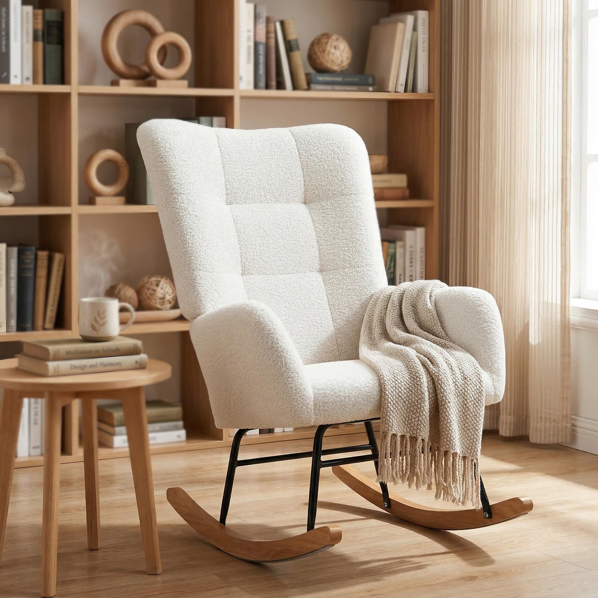 HOMCOM Sedia a Dondolo, Poltrona in Velluto Teddy, Sedia Relax con Gambe in Legno, Dondolo per Camera da Letto e Soggiorno, Bianco Crema