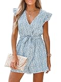 Women's V Neck Floral Print Belted Elastic Waist Romper Ruffled Cap Sleeves Mini Jumpsuit