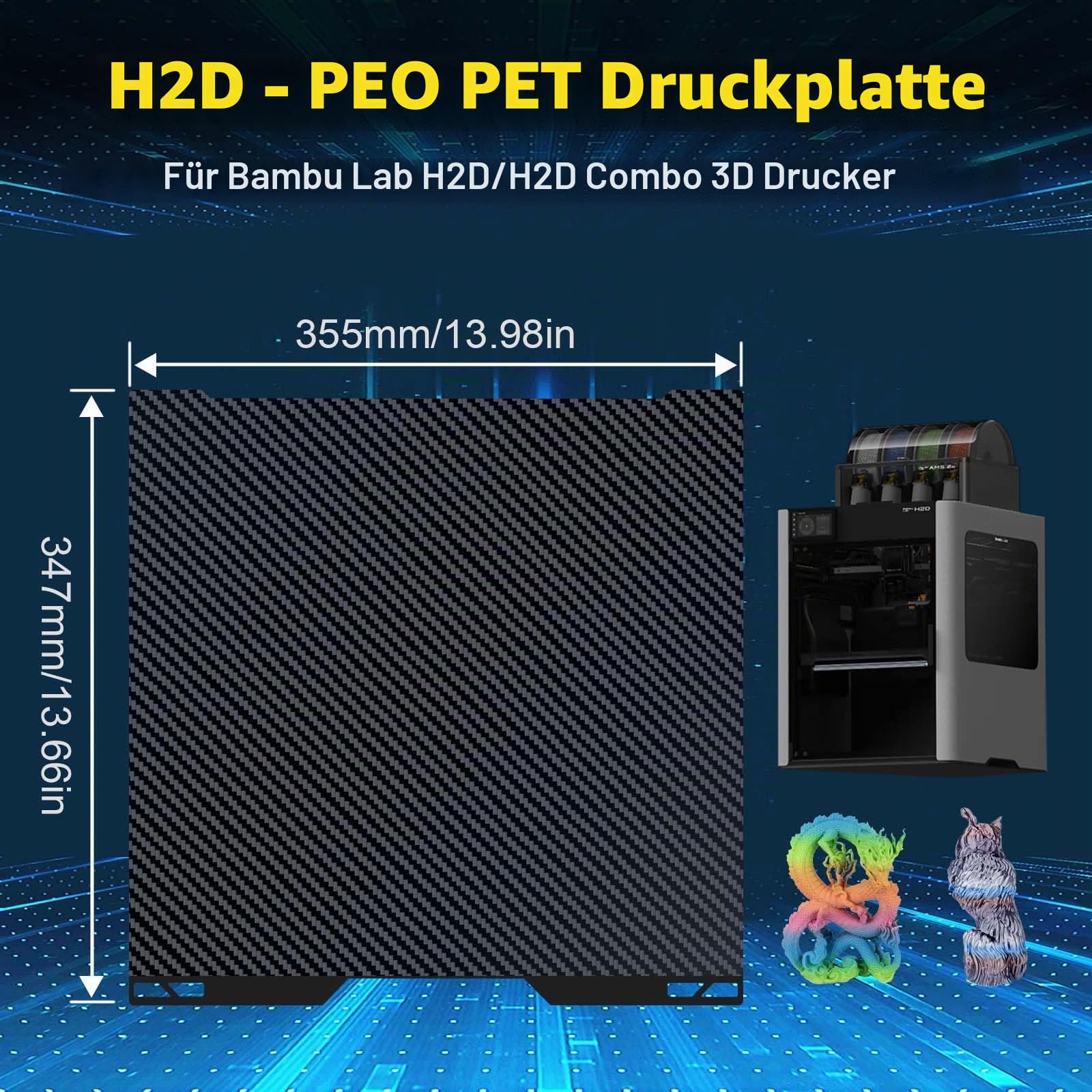 IdeaFormer PEO PET Druckplatte für Bambulab H2D 347x355mm, Verdicktes Federstahl Druckbett PEO PET Build Plate für Bambu Lab H2D