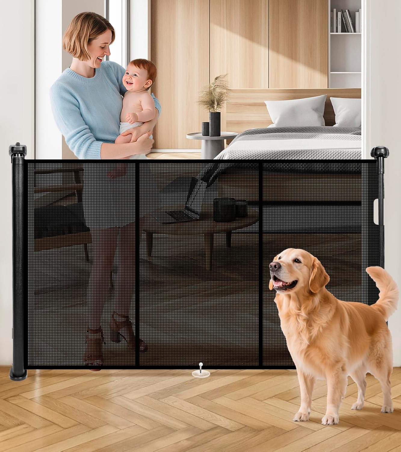 Retractable Baby Gates for Stairs, 78" Wide Retractable Dog Gate Pet Gate, 34" Extra Tall Child Safety Gate Toddler Mesh Gate with Support Rods for Doorways, Hallways, Deck, Porch, Indoor, Outdoor Black 34" Tall x 78" Wide