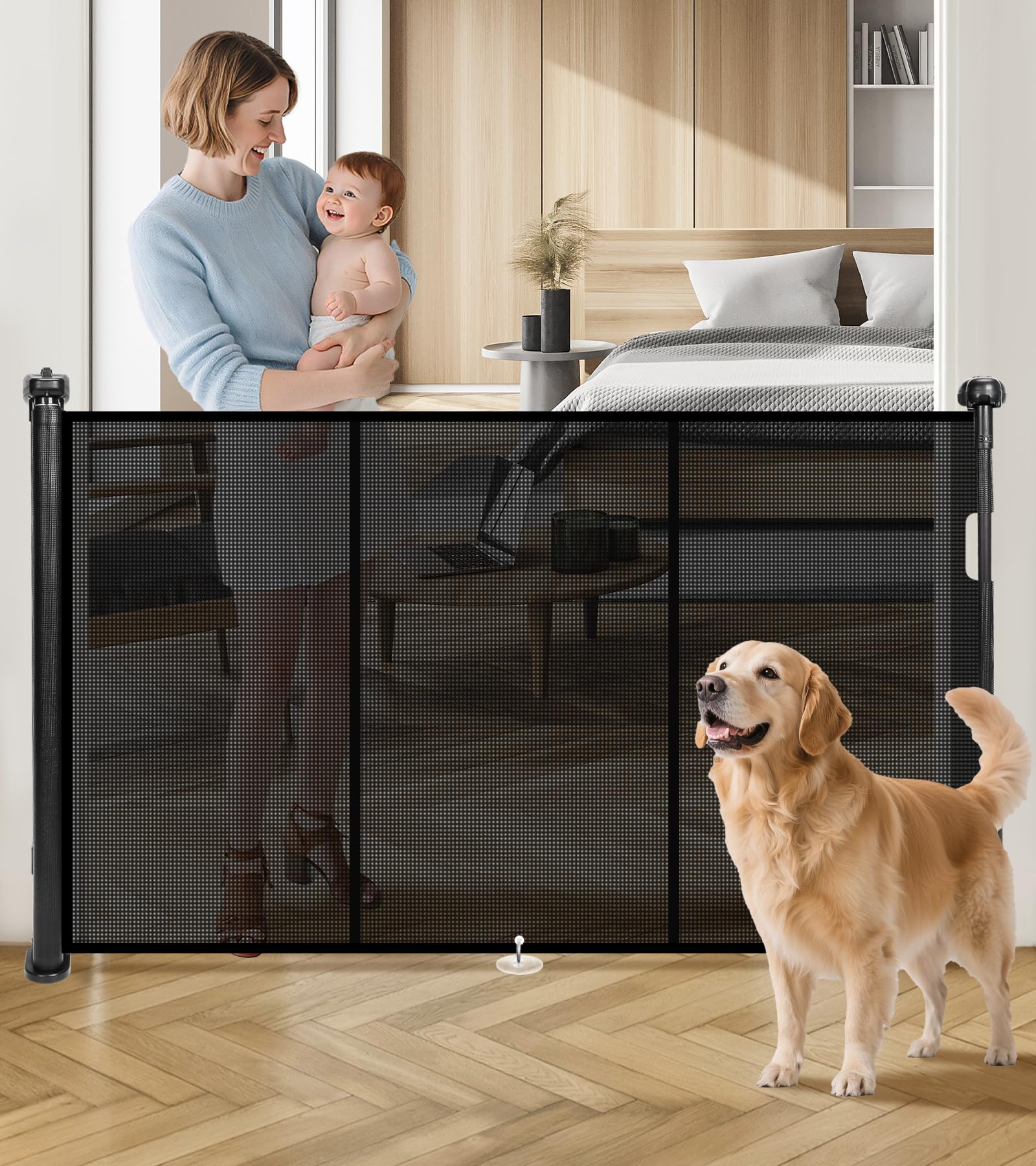Retractable Baby Gates for Stairs, 78" Wide Retractable Dog Gate Pet Gate, 34" Extra Tall Child Safety Gate Toddler Mesh Gate with Support Rods for