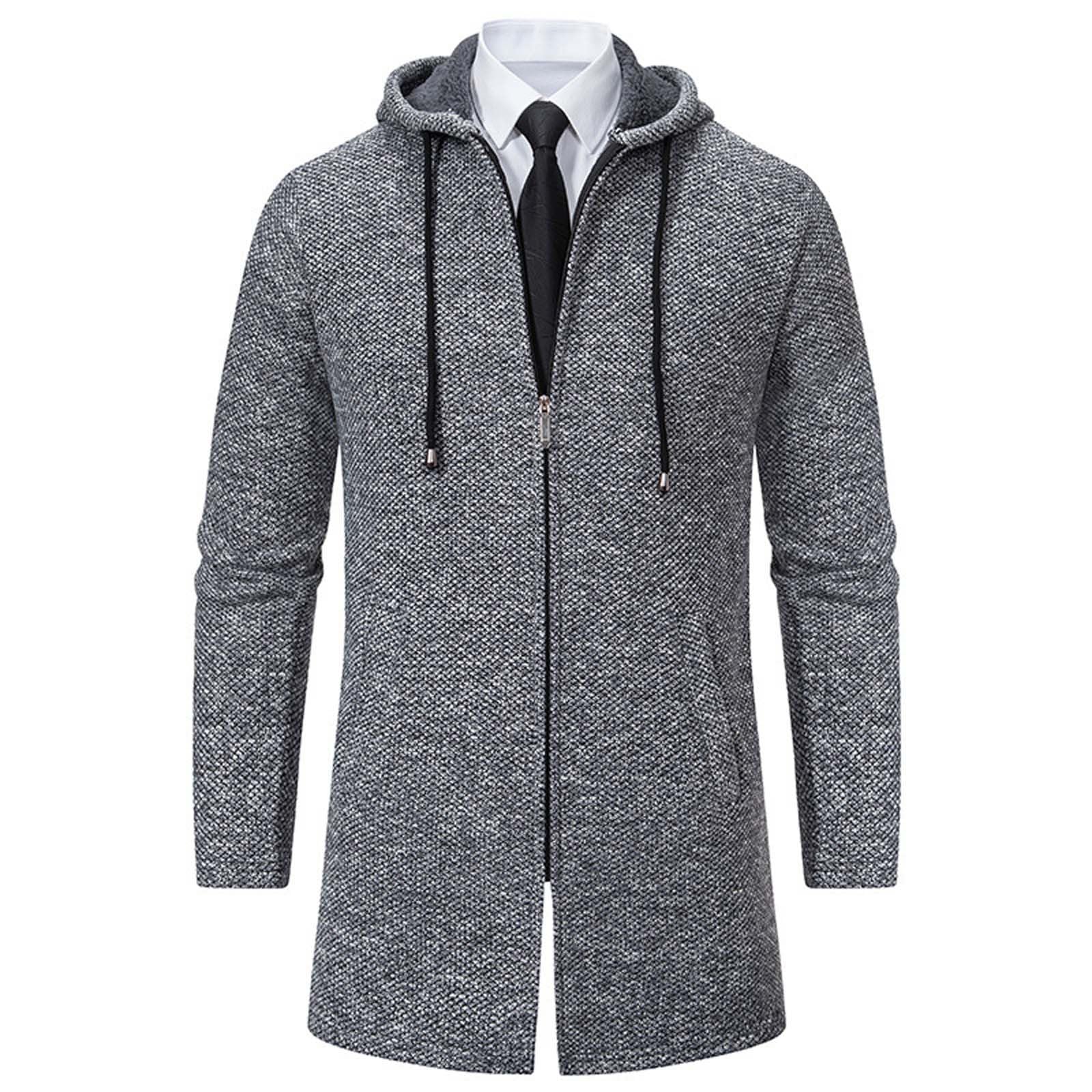 Mens Long Cardigan Hoodies Full Zip Sweaters Fashion Knitted Men Regular Fit Sweater Hooded Coat with Pockets